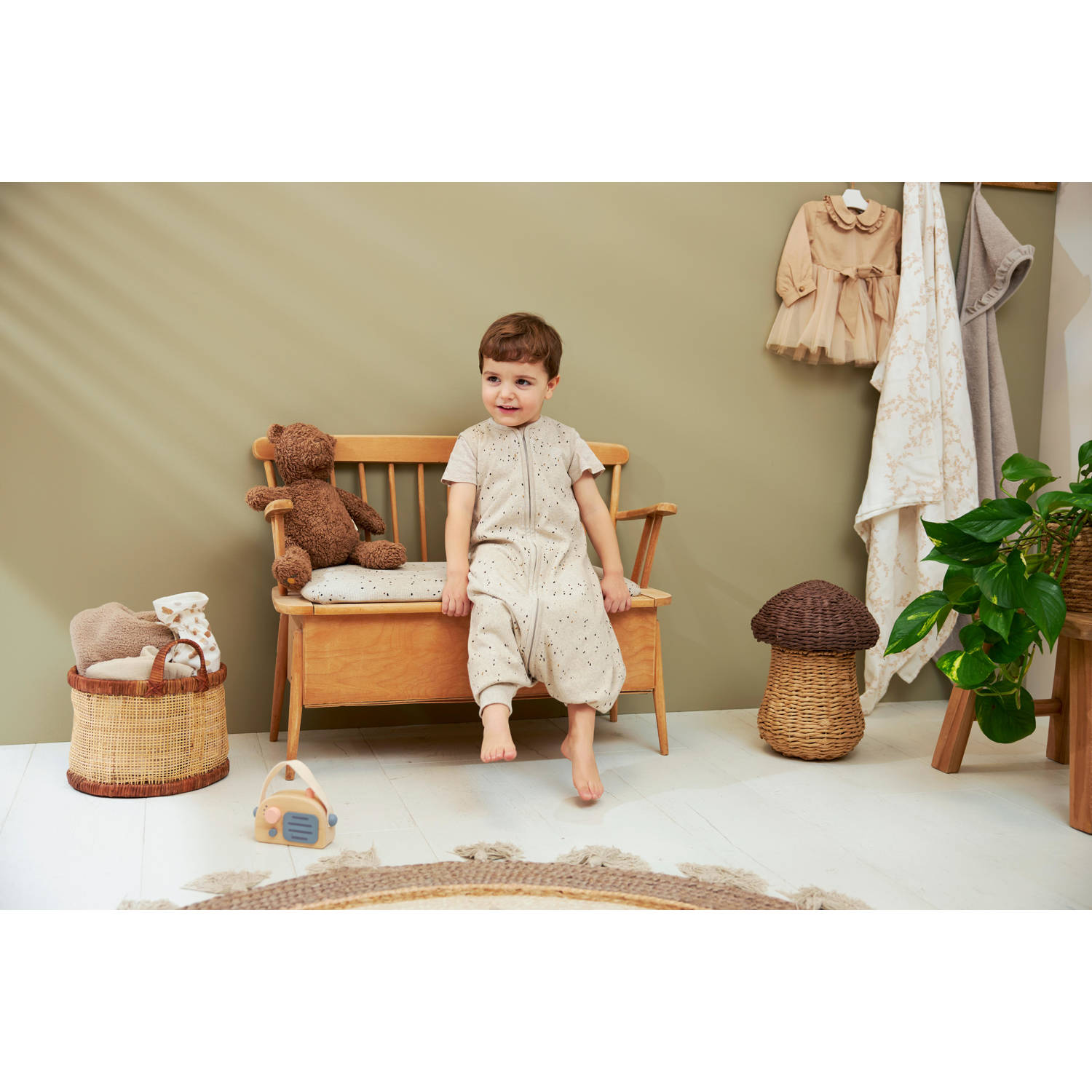 Meyco baby zomer slaapoverall jumper Rib Mini Spot sand melange