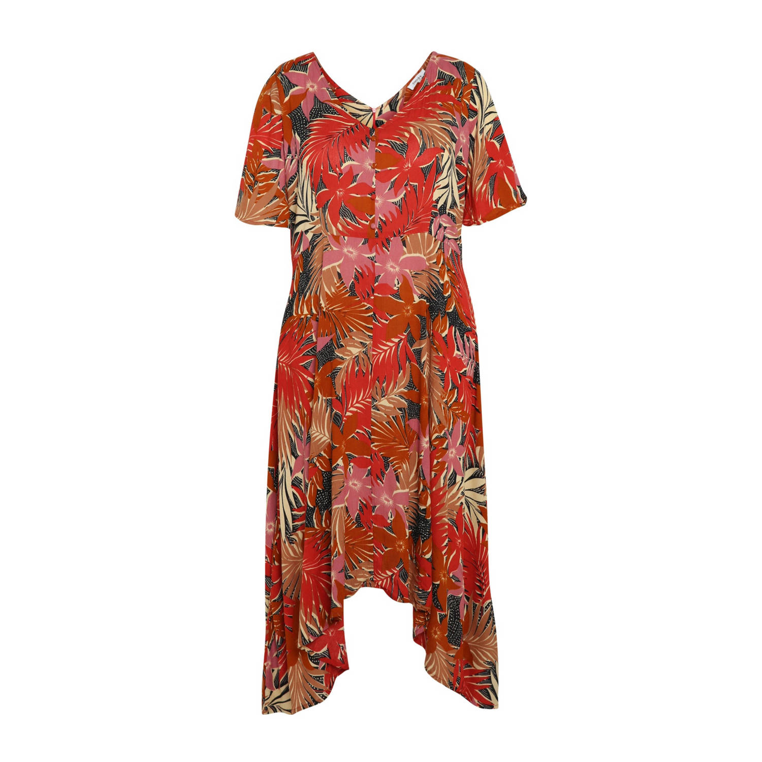 Paprika A-lijn jurk met bladprint en ceintuur rood multi