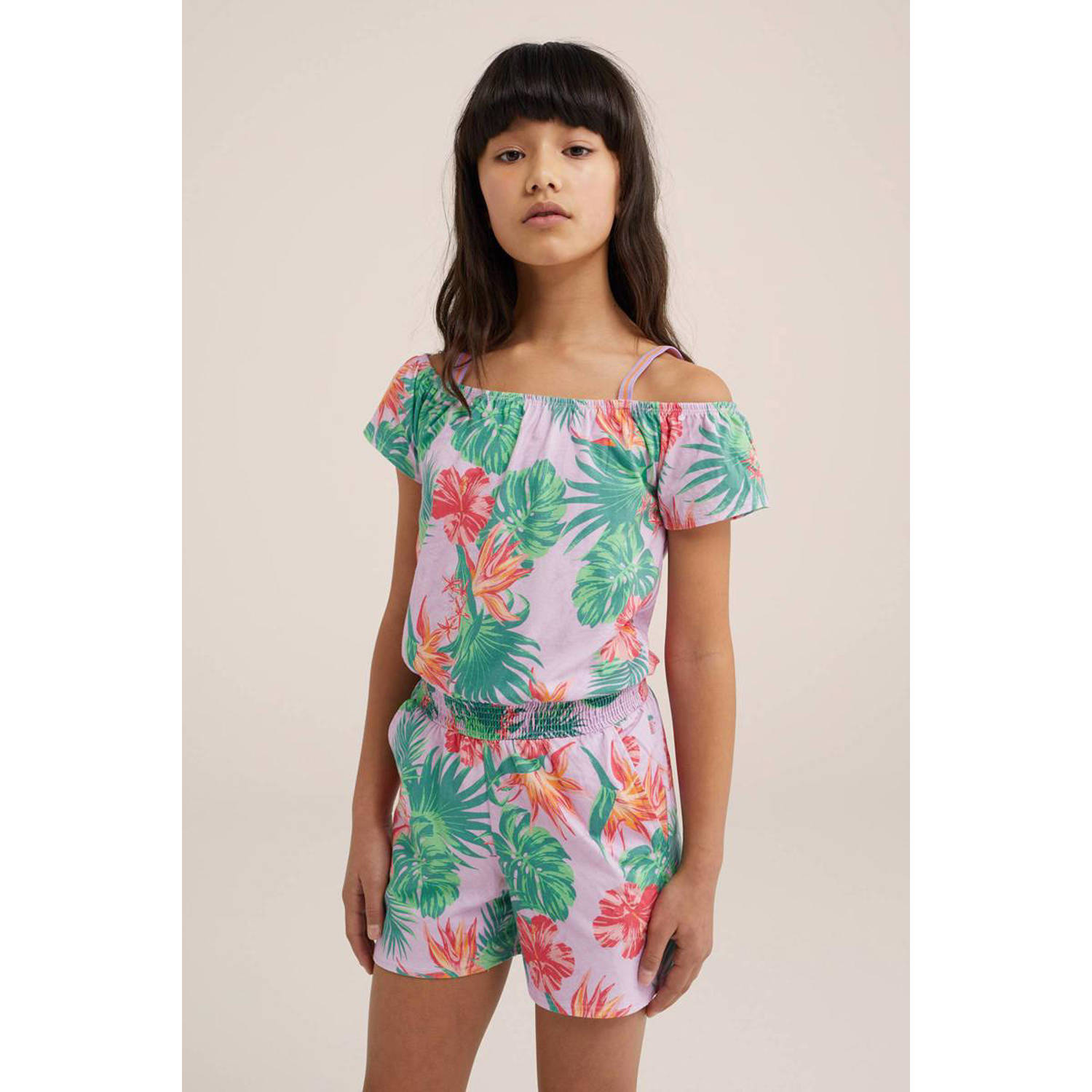 WE Fashion jumpsuit met all over print paars groen roze