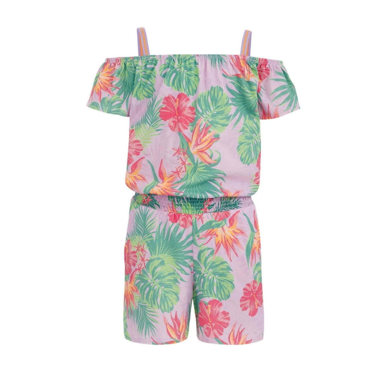 WE Fashion playsuit met all over print groen roze Meisjes Katoen Vierkante hals 110 116