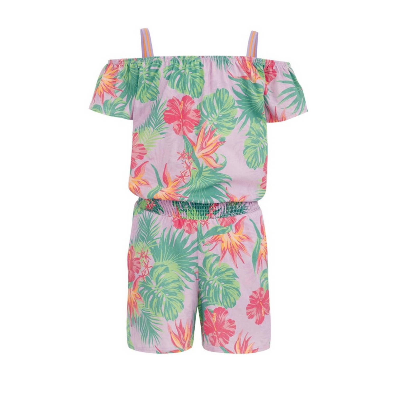 WE Fashion jumpsuit met all over print groen roze Meisjes Katoen Vierkante hals 110 116