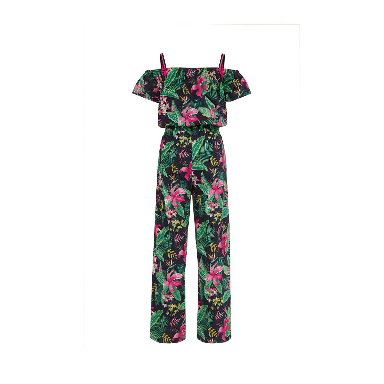 WE Fashion jumpsuit met bladprint donkerblauw groen roze