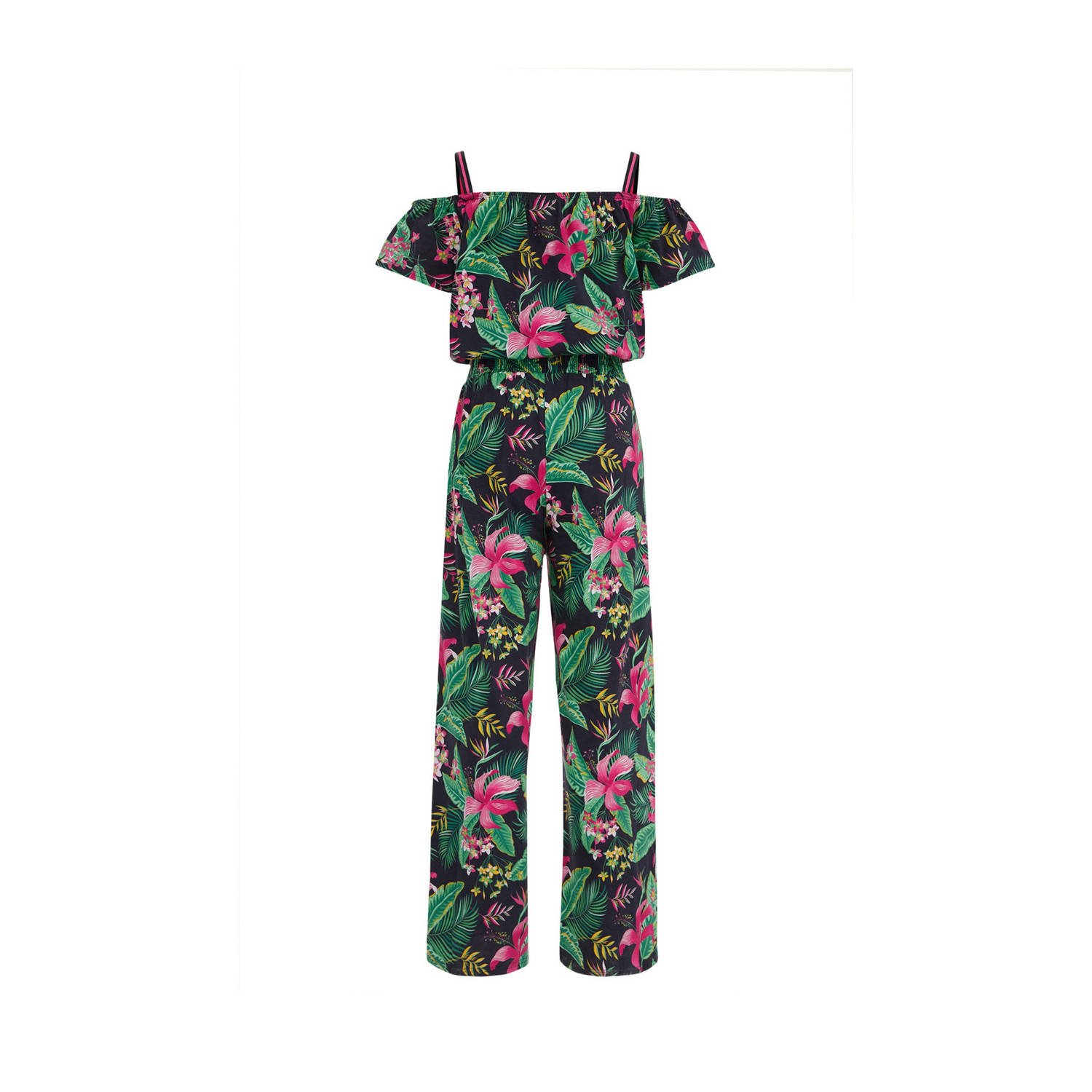 WE Fashion jumpsuit met bladprint donkerblauw groen roze Meisjes Katoen Vierkante hals 110 116