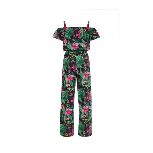 WE Fashion jumpsuit met bladprint donkerblauw/groen/roze