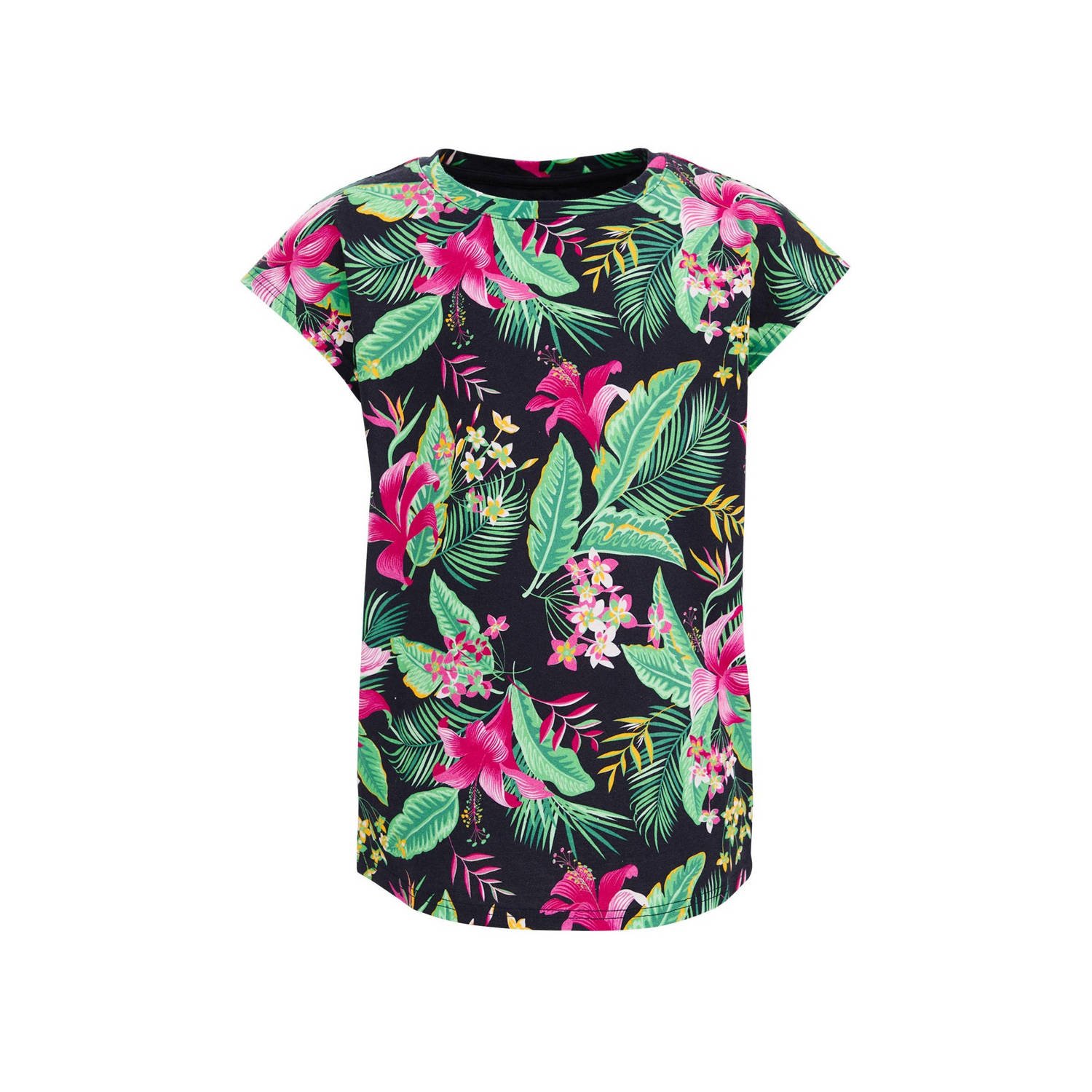 WE Fashion T-shirt met bladprint donkerblauw groen roze Meisjes Katoen Ronde hals 110 116