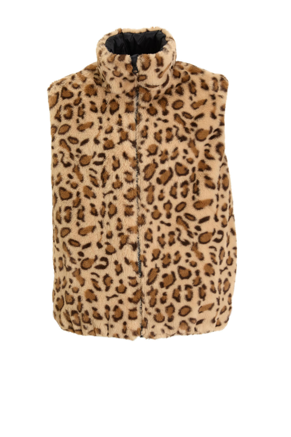 Zwarte meisjes Anytime reversible meisjes gilet van nylon met dierenprint, lange mouwen en opstaande kraag