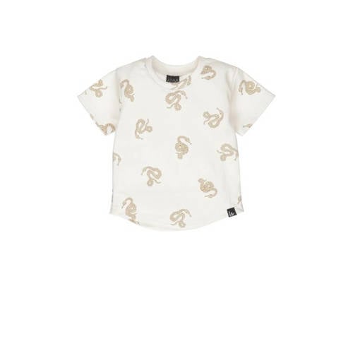 Babystyling baby T-shirt met all over print ecru/lichtbruin afbeelding