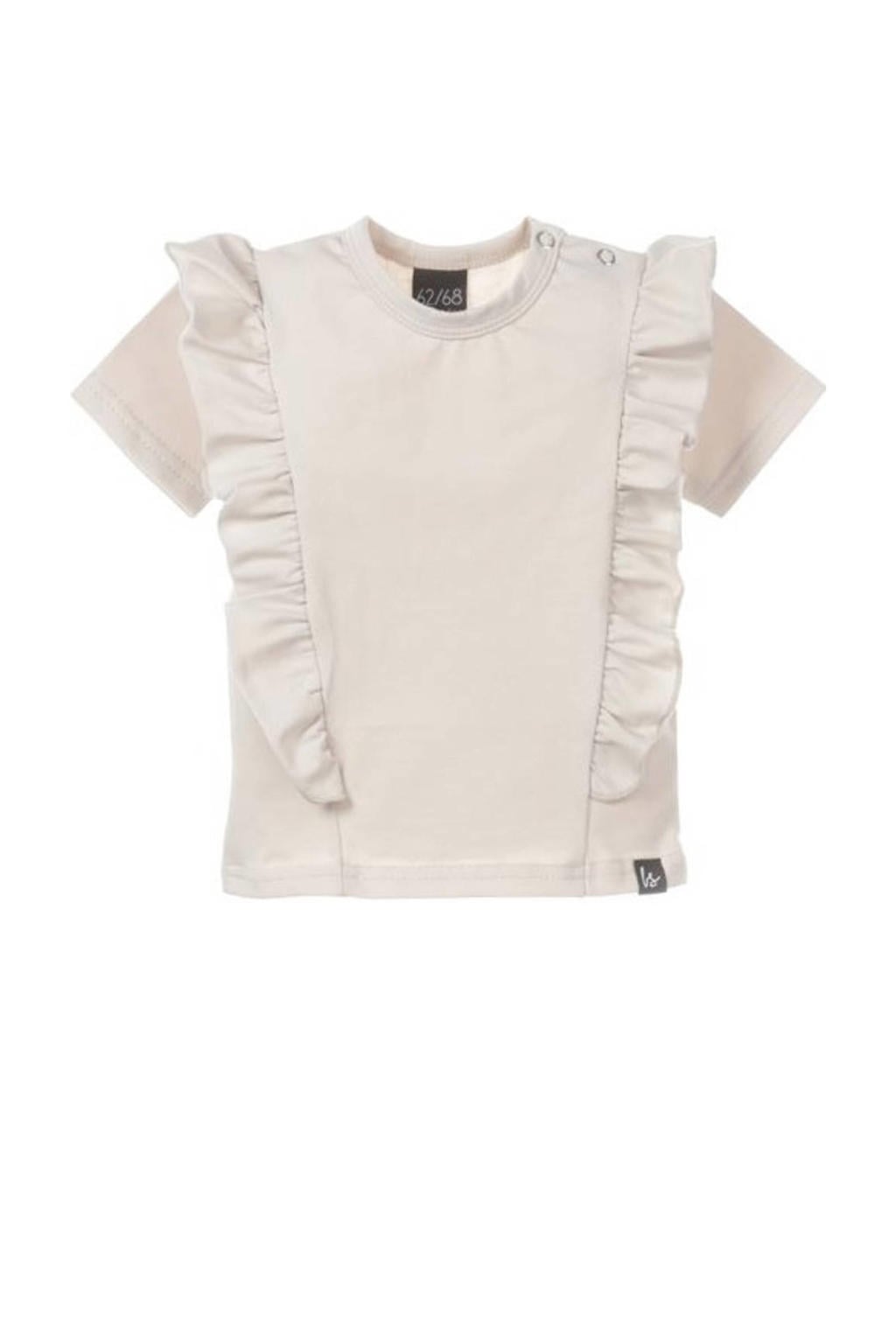Beige meisjes Babystyling baby T-shirt van katoen met effen, korte mouwen, ronde hals, drukknoopsluiting en ruches