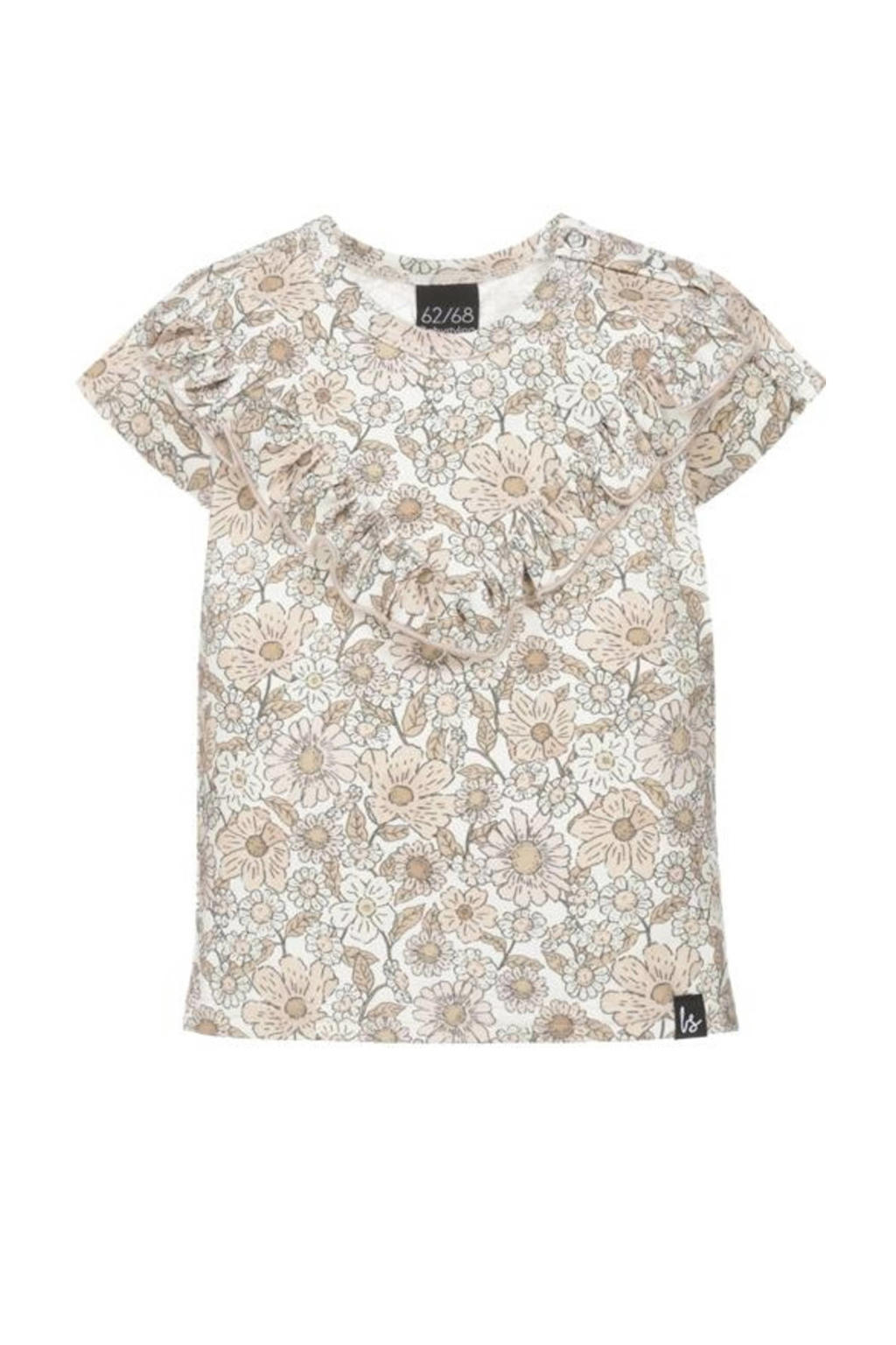 Wit en beige meisjes Babystyling baby gebloemd T-shirt van katoen met korte mouwen, ronde hals en ruches