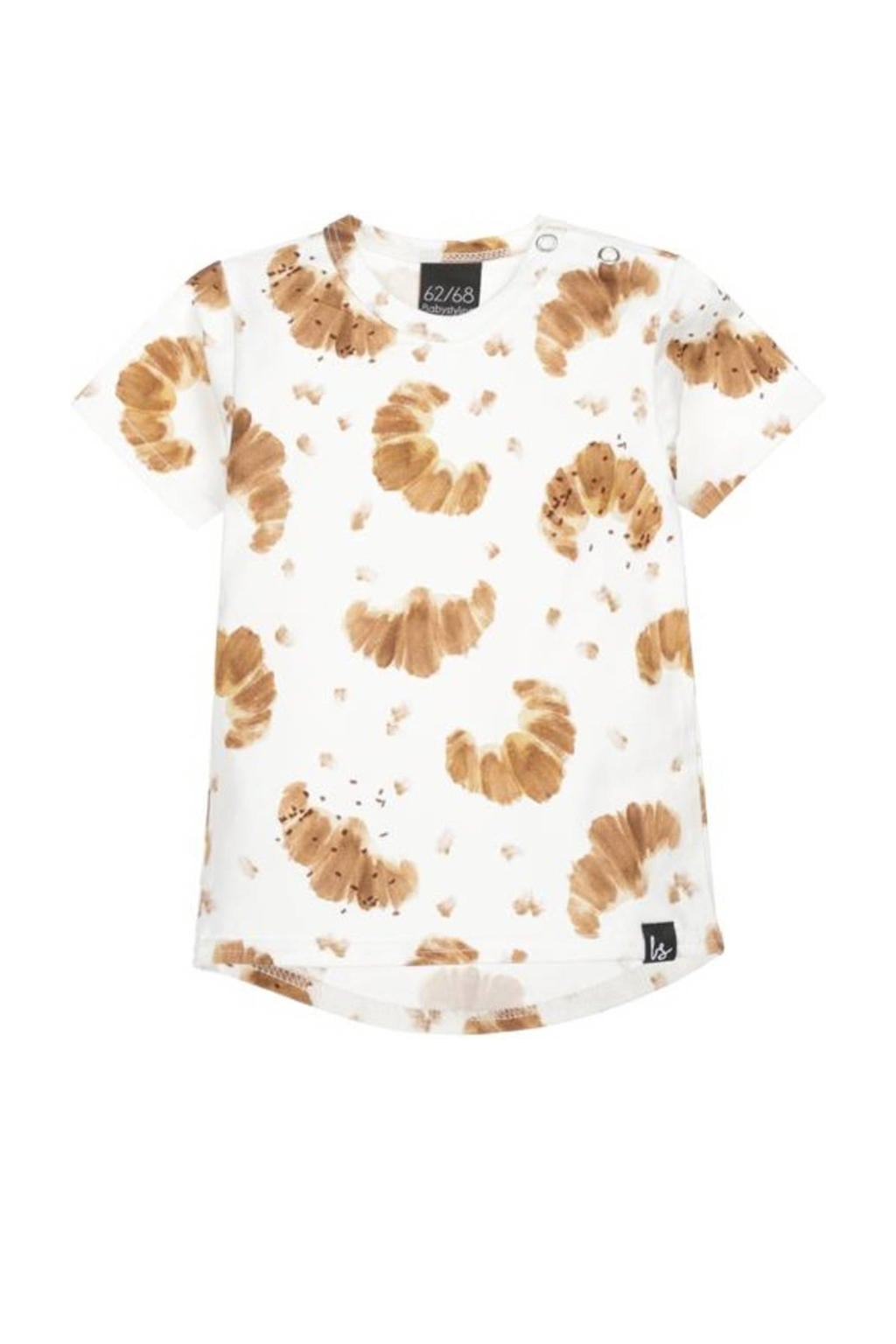 Wit en bruine jongens en meisjes Babystyling baby T-shirt van katoen met korte mouwen, ronde hals en drukknoopsluiting