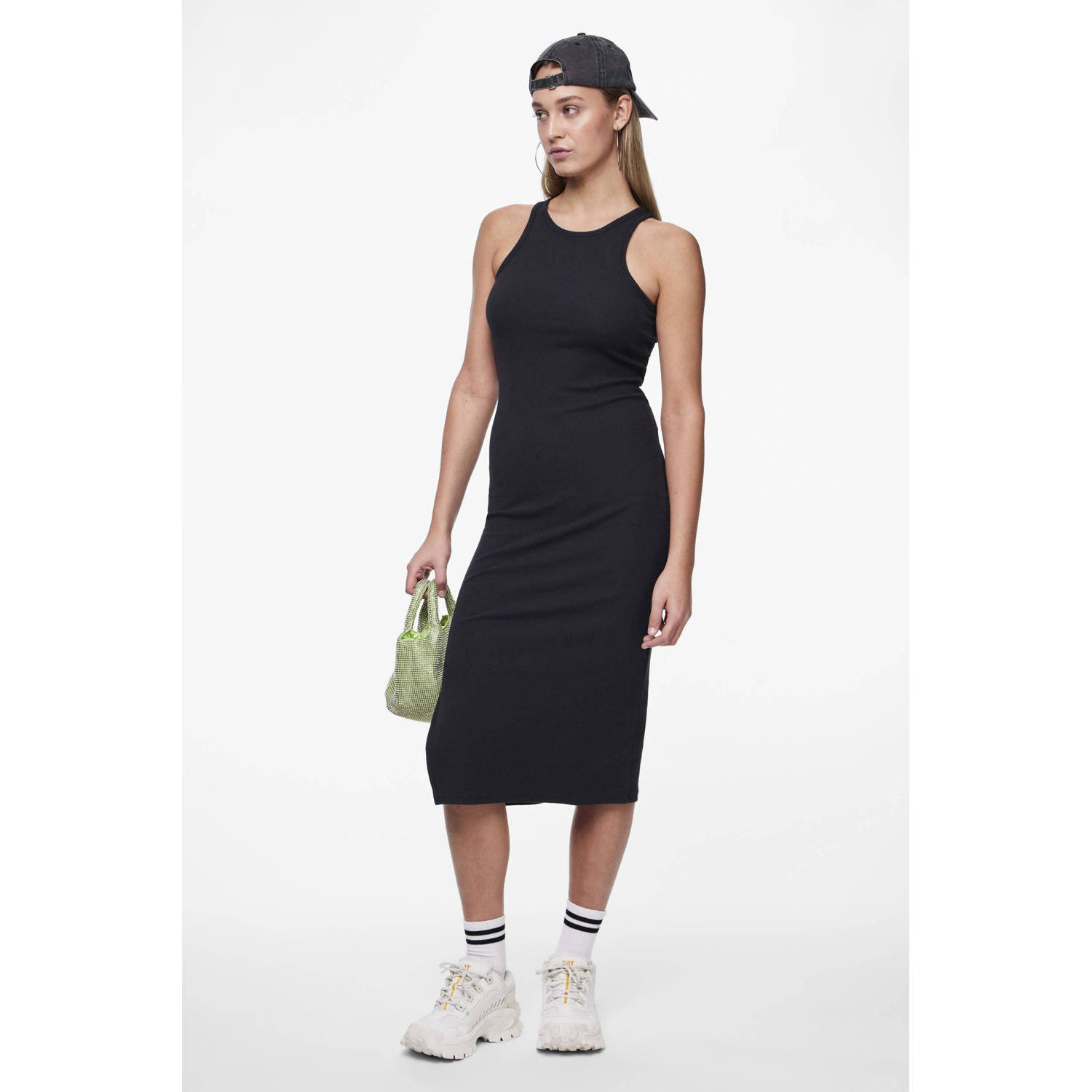 PIECES ribgebreide bodycon jurk zwart