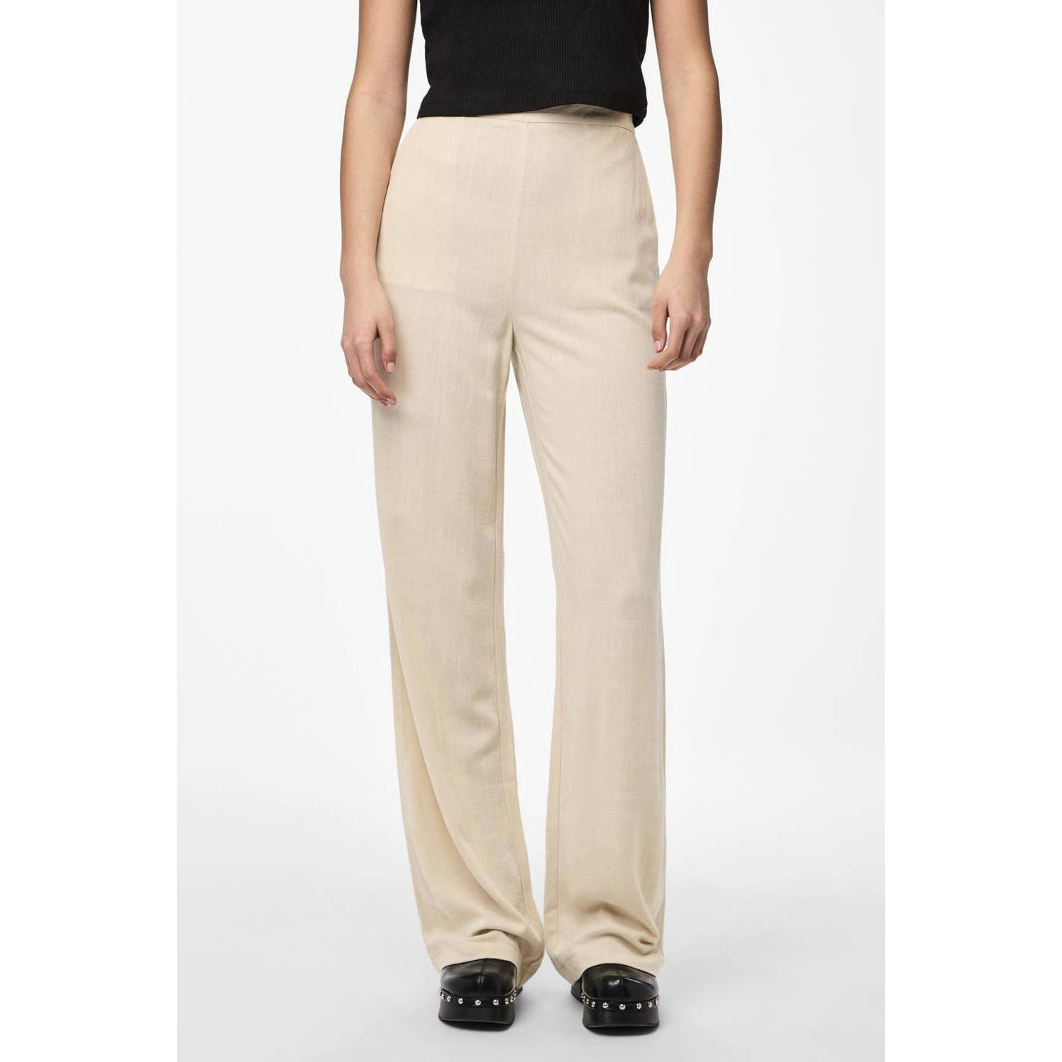 PIECES high waist straight fit pantalon zand