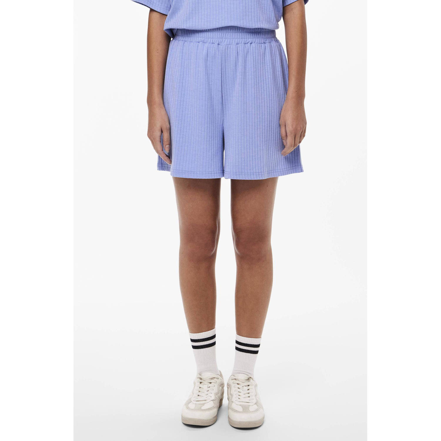 PIECES gestreepte high waist straight fit short blauw