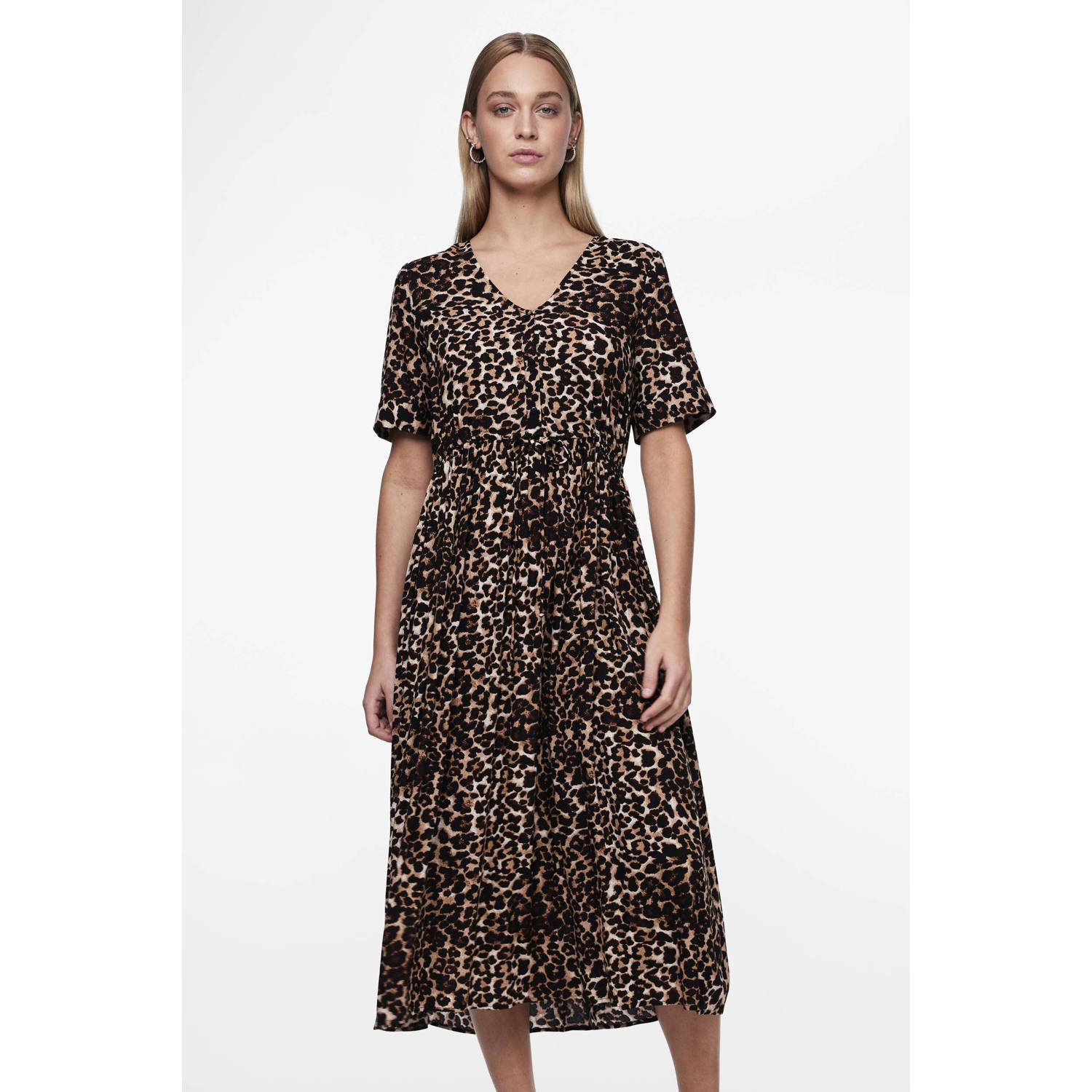 PIECES jurk PCTALA met panterprint en plooien bruin zwart beige