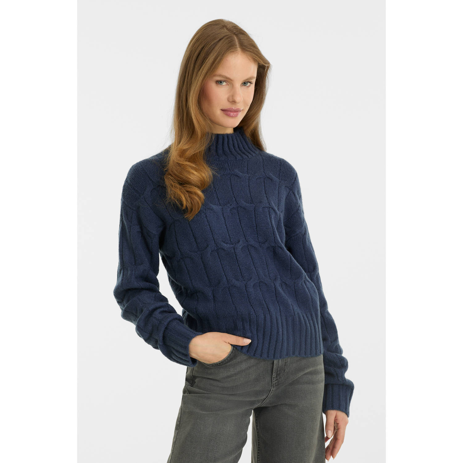 Anytime gebreide kabel trui met hoge hals marineblauw