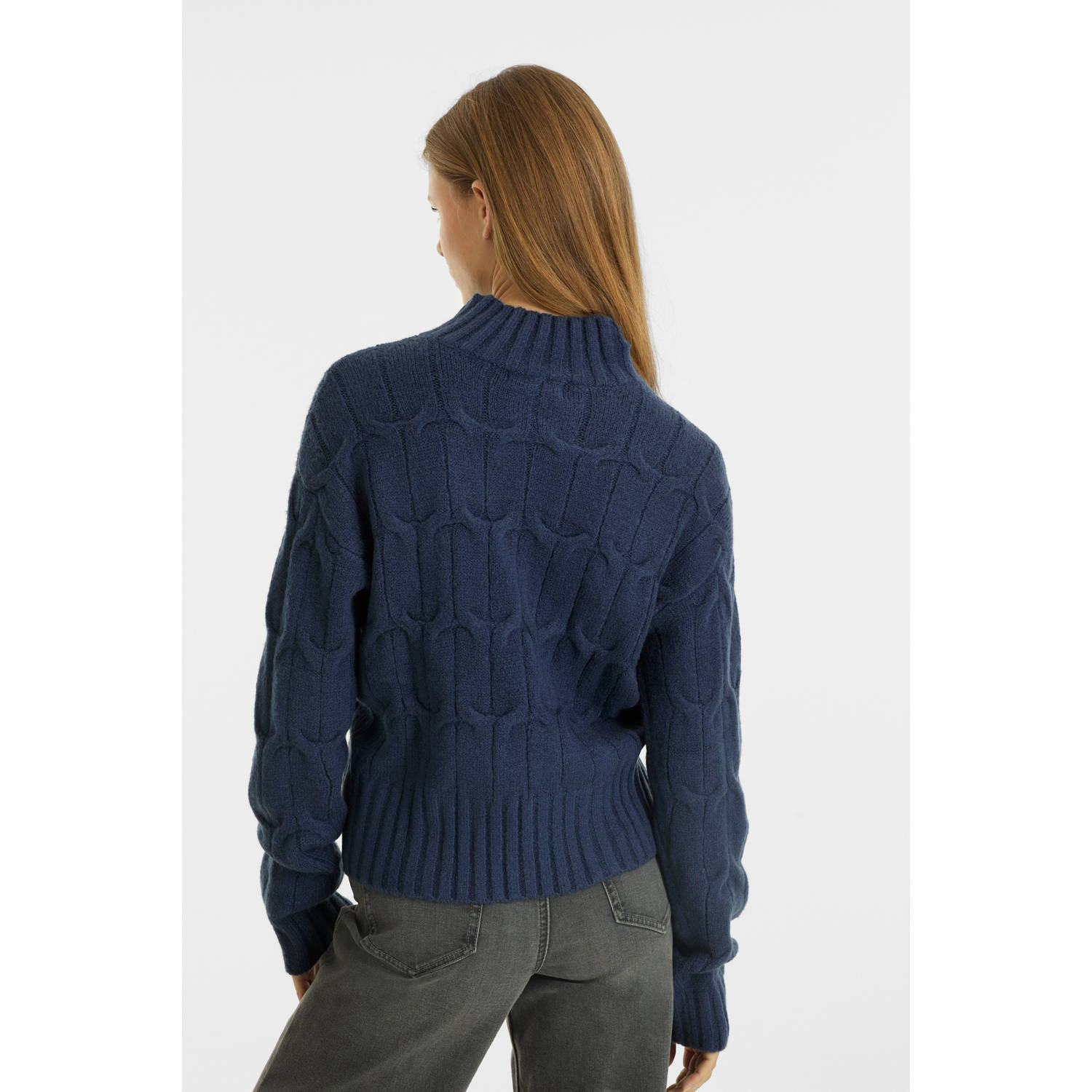 anytime gebreide kabel trui met hoge hals marineblauw