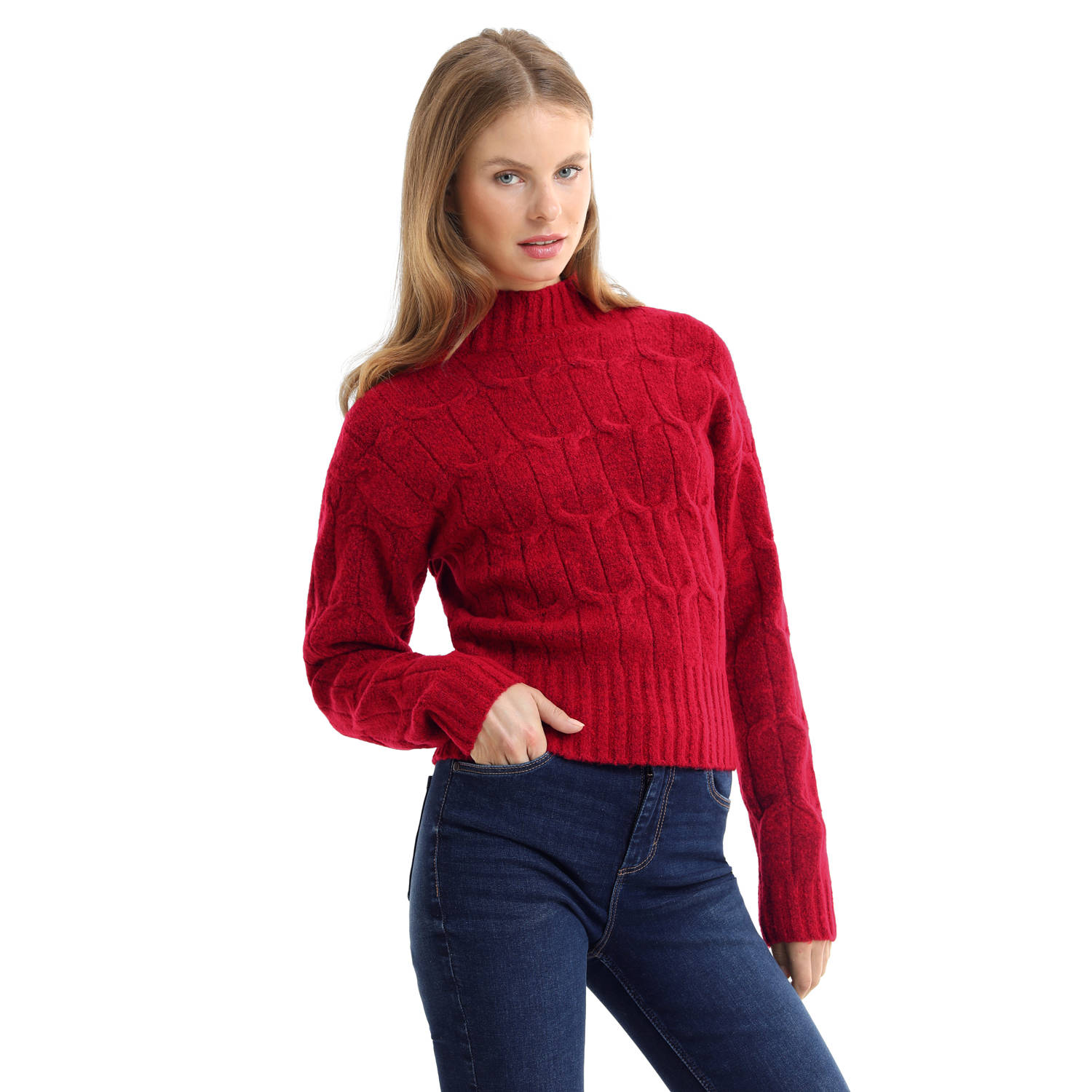 Anytime gebreide kabel trui met hoge hals rood