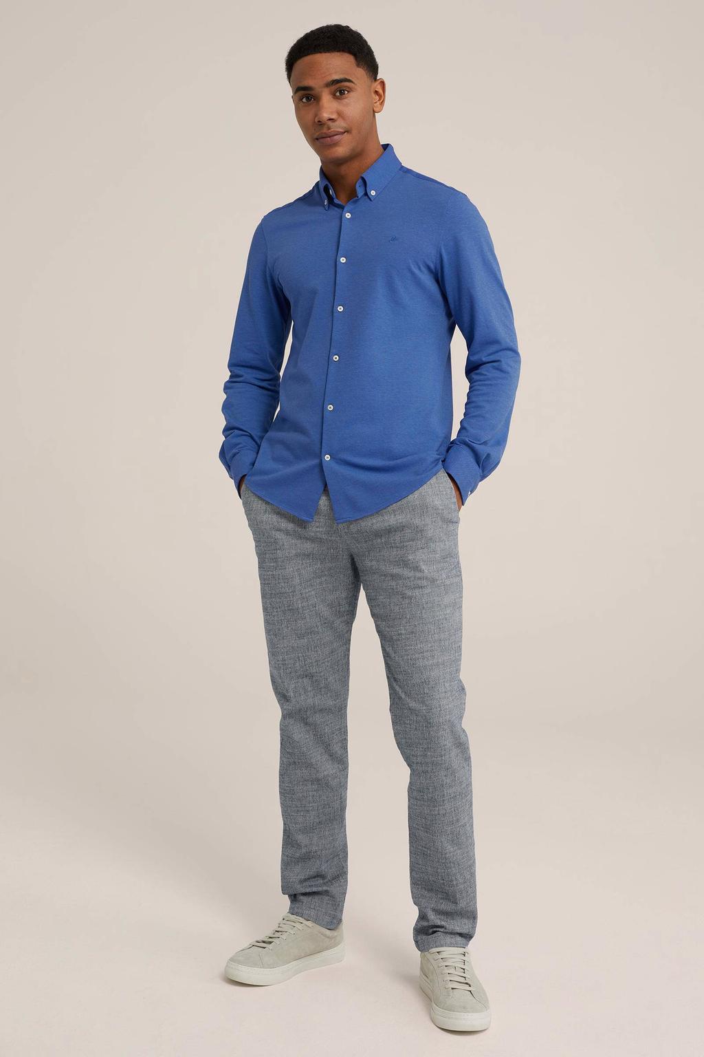 Blauwe heren WE Fashion slim fit overhemd van katoen met effen, lange mouwen en button down sluiting