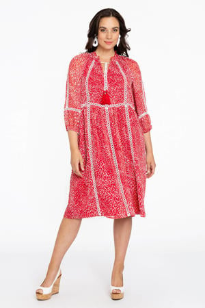 A-lijn jurk met stippen en borduursels rood/wit