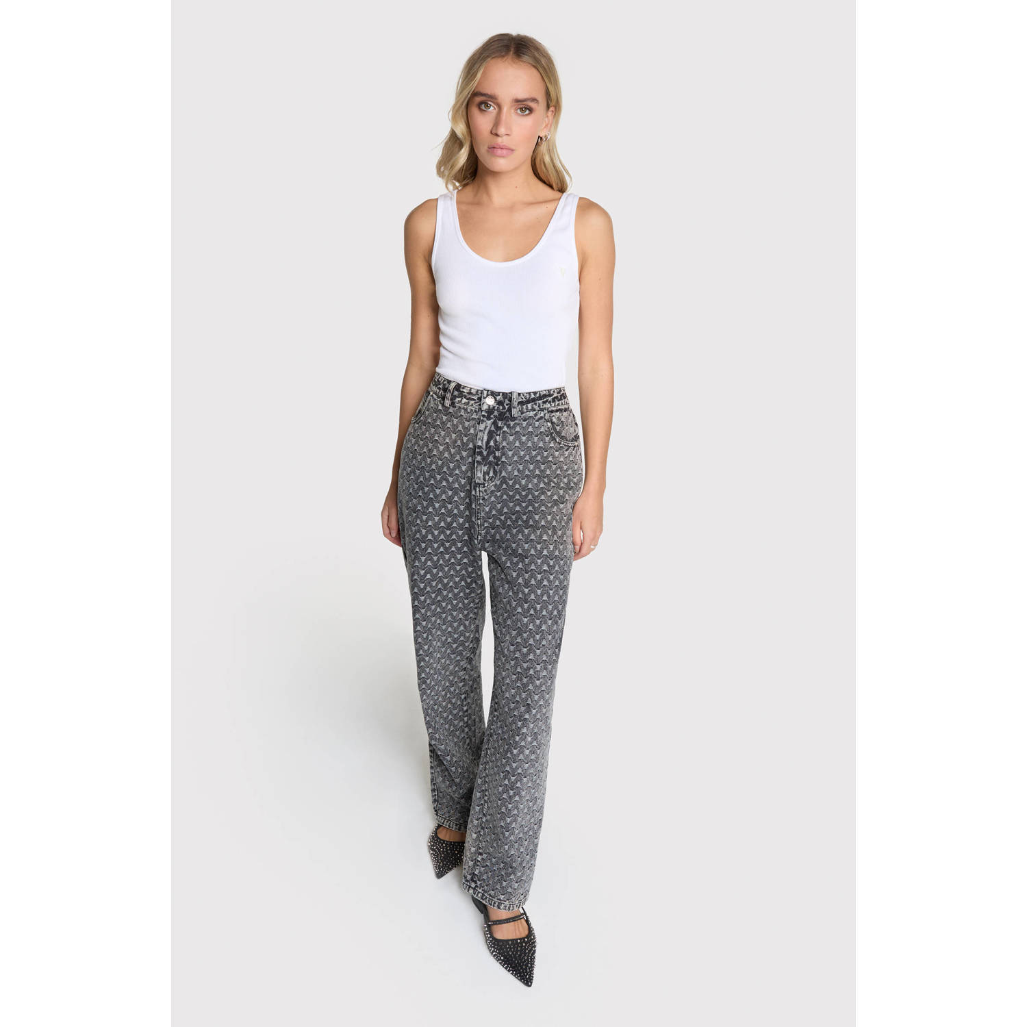 Alix the Label high waist straight jeans met all over print grey denim