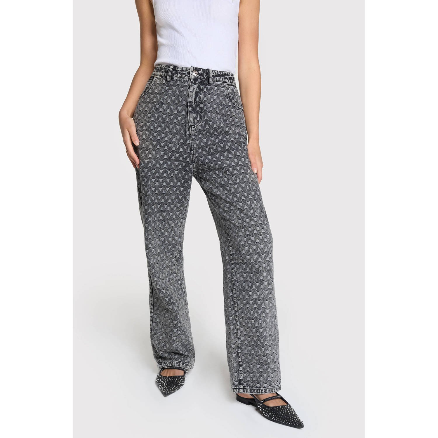 Alix the Label high waist straight jeans met all over print grey denim