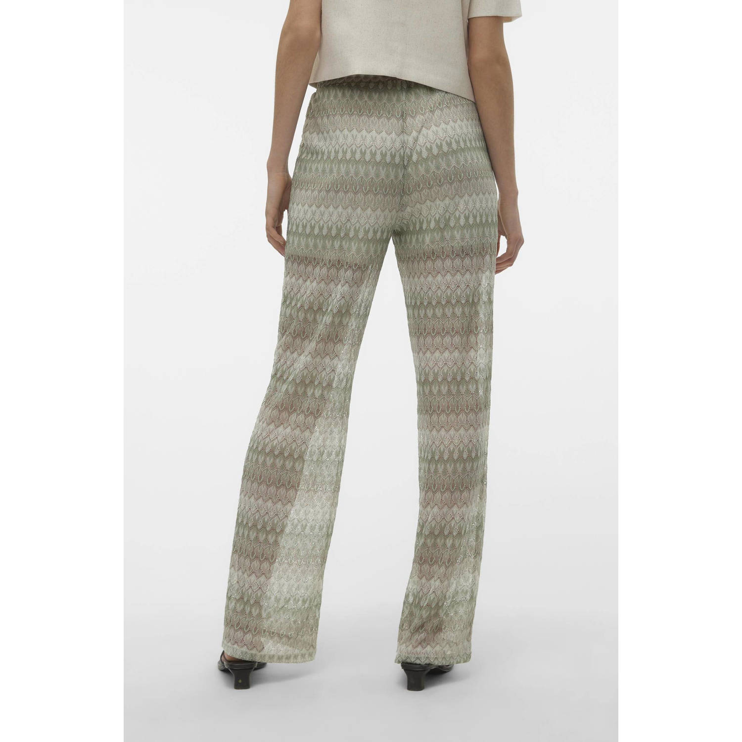 VERO MODA high waist loose fit broek VMDICTE met all over print crème lichtgroen