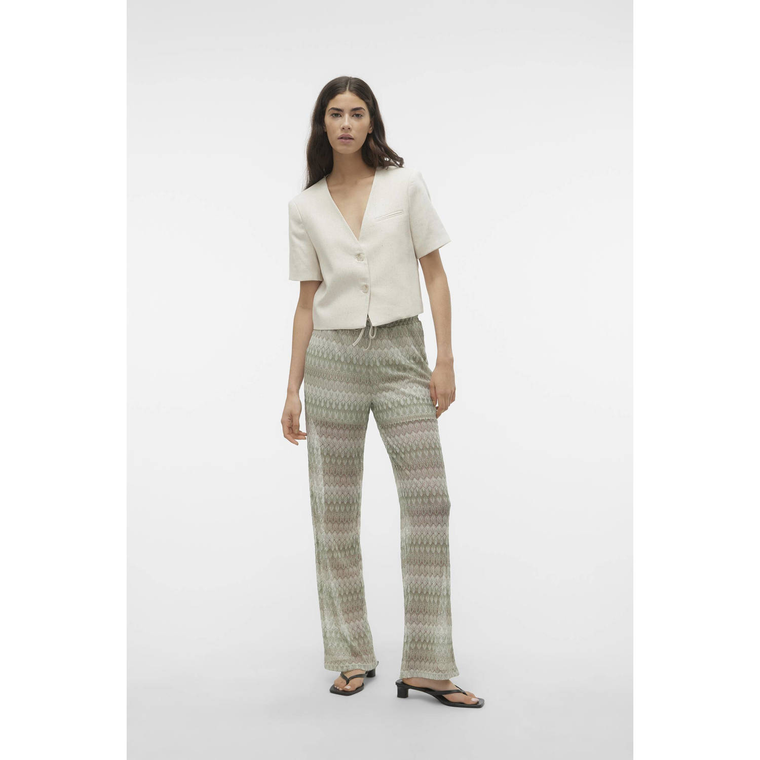 VERO MODA high waist loose fit broek VMDICTE met all over print crème lichtgroen