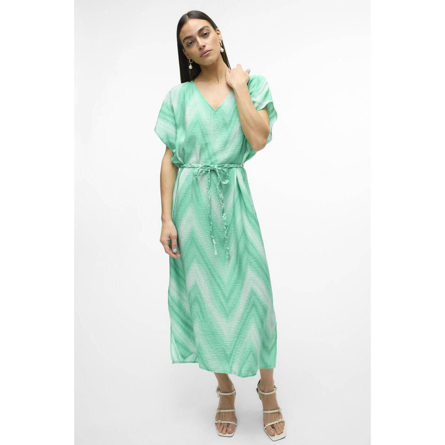 VERO MODA maxi jurk VMJOSIE met all over print en ceintuur mintgroen wit