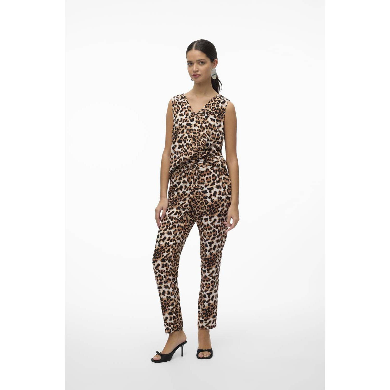 VERO MODA straight fit broek VMEASY met dierenprint donkerblauw ecru