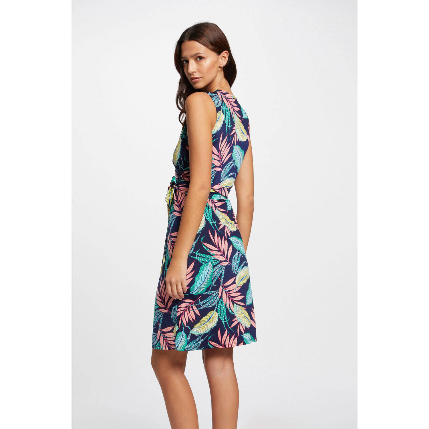 Morgan jurk met bladprint en ceintuur donkerblauw roze lichtblauw