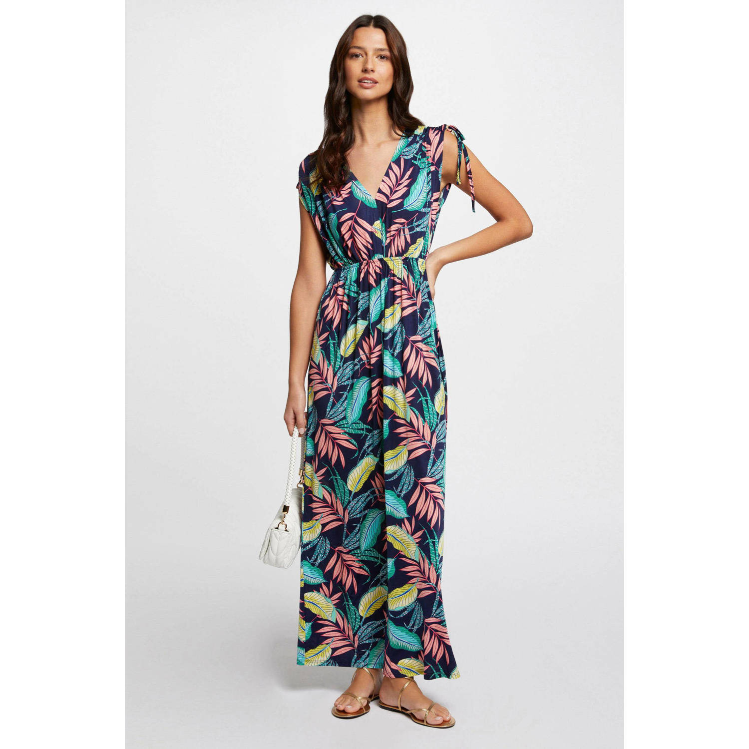Morgan maxi jurk met bladprint met open rug multi