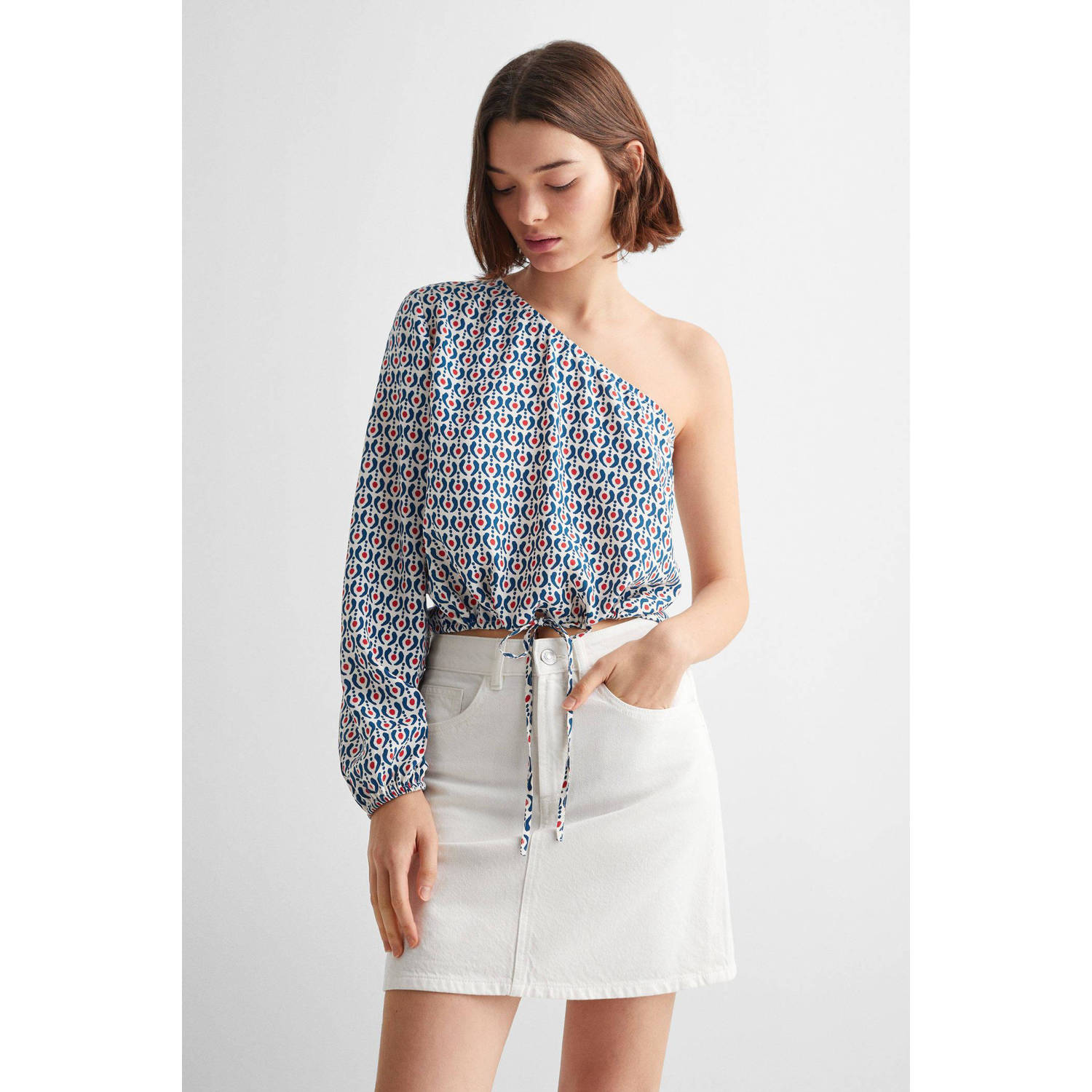 Mango Kids one shoulder top met all over print blauw rood wit