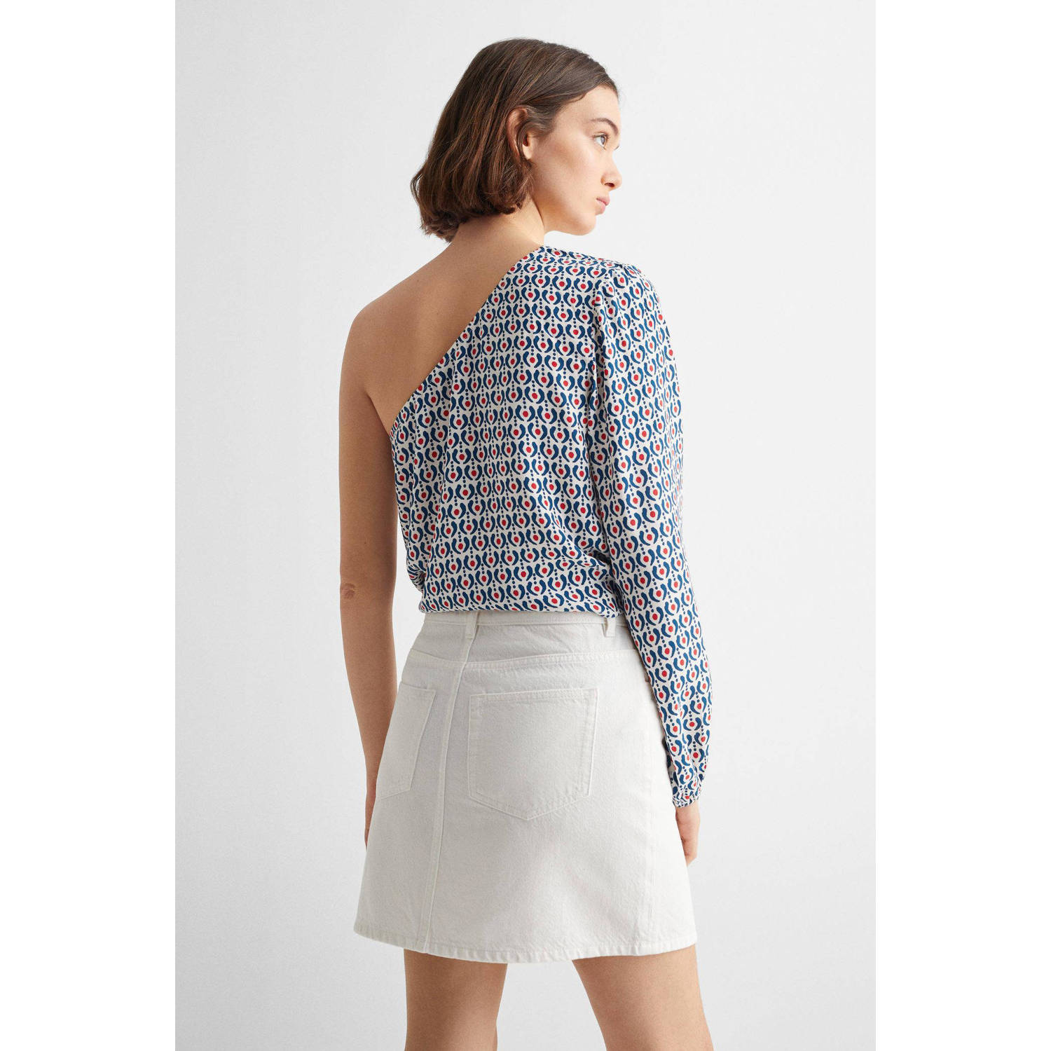 Mango Kids one shoulder top met all over print blauw rood wit