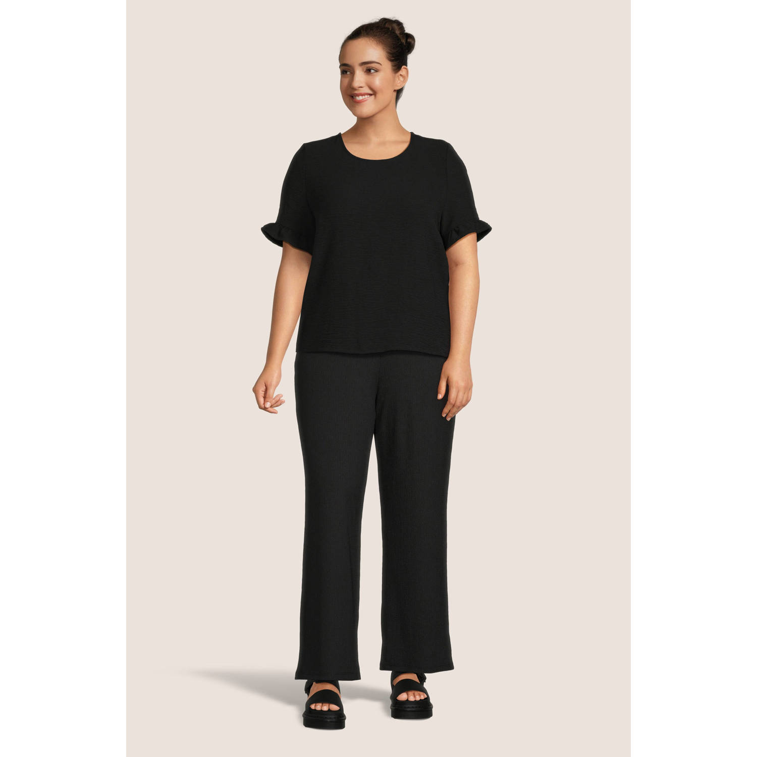 GREAT LOOKS crinkle wide leg broek zwart