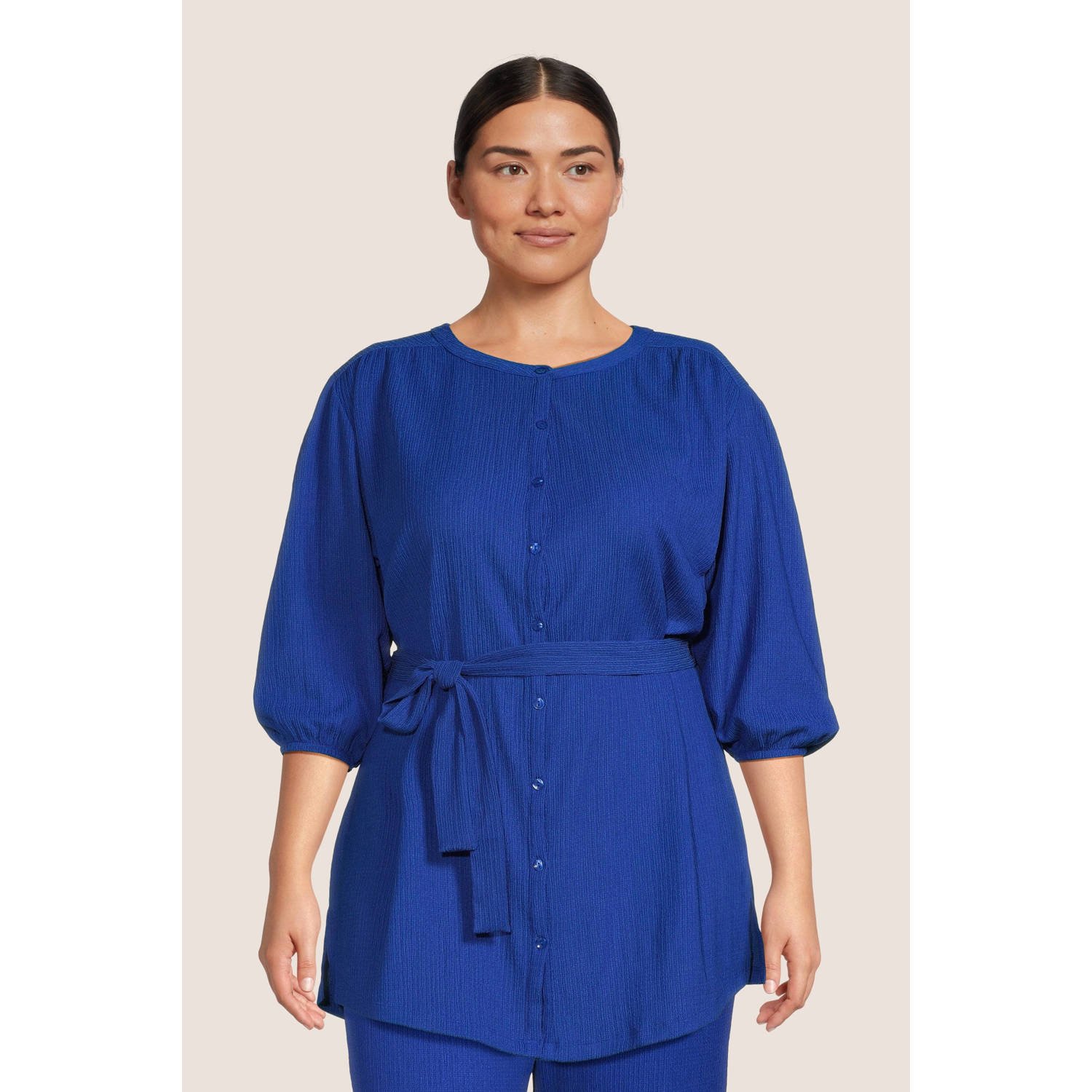 GREAT LOOKS Blouse tuniek met ceintuur blauw Dames Jersey Ronde hals Effen 44