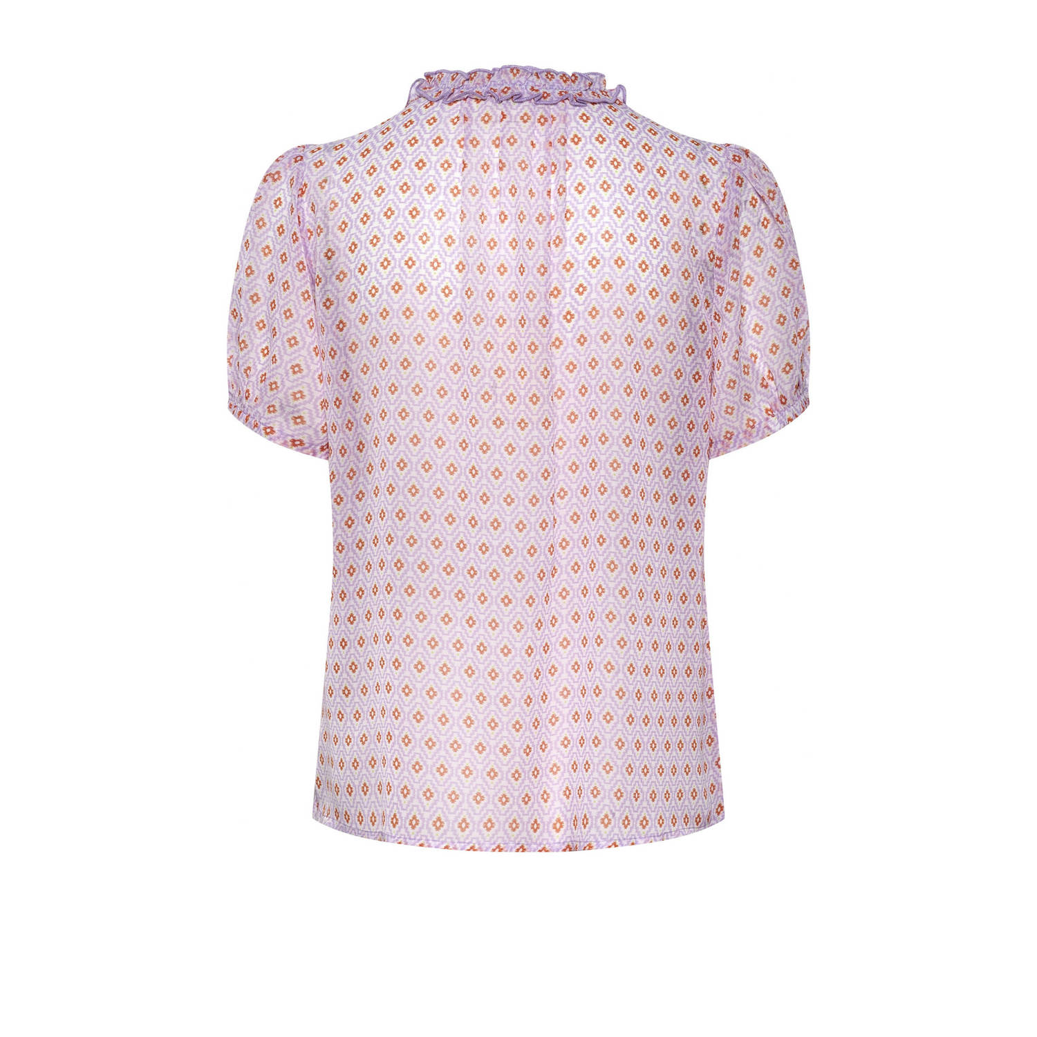 Cream semi-transparante blousetop met all over print en ruches paars oranje ecru