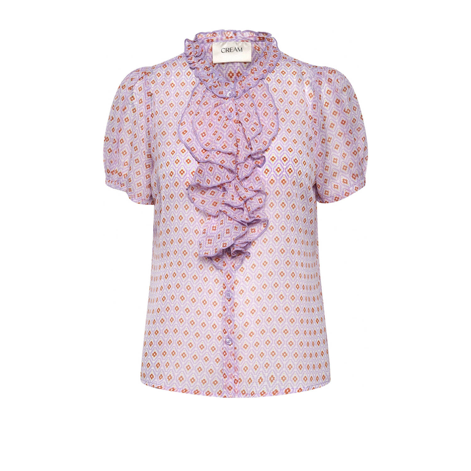 Cream semi-transparante blousetop met all over print en ruches paars oranje ecru
