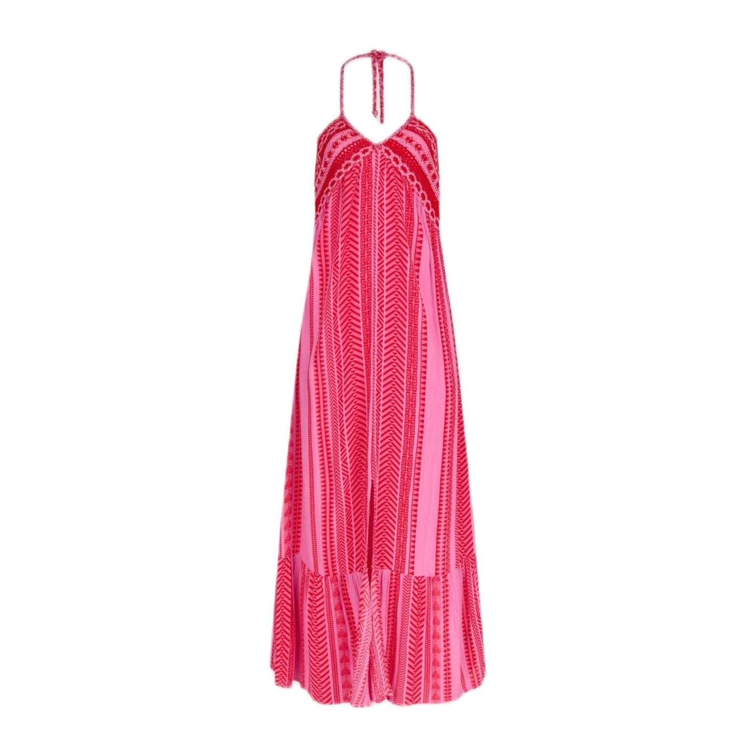 Shoeby halter maxi jurk met all over print en volant roze rood