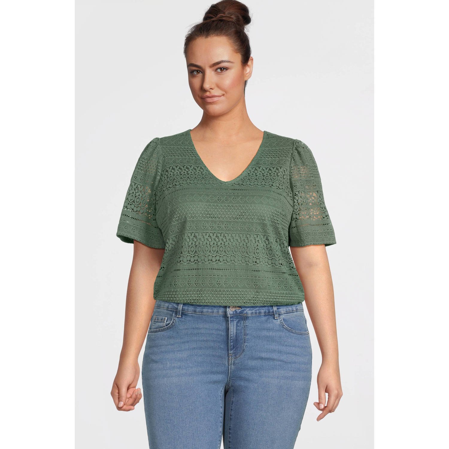 VERO MODA CURVE top broderie groen