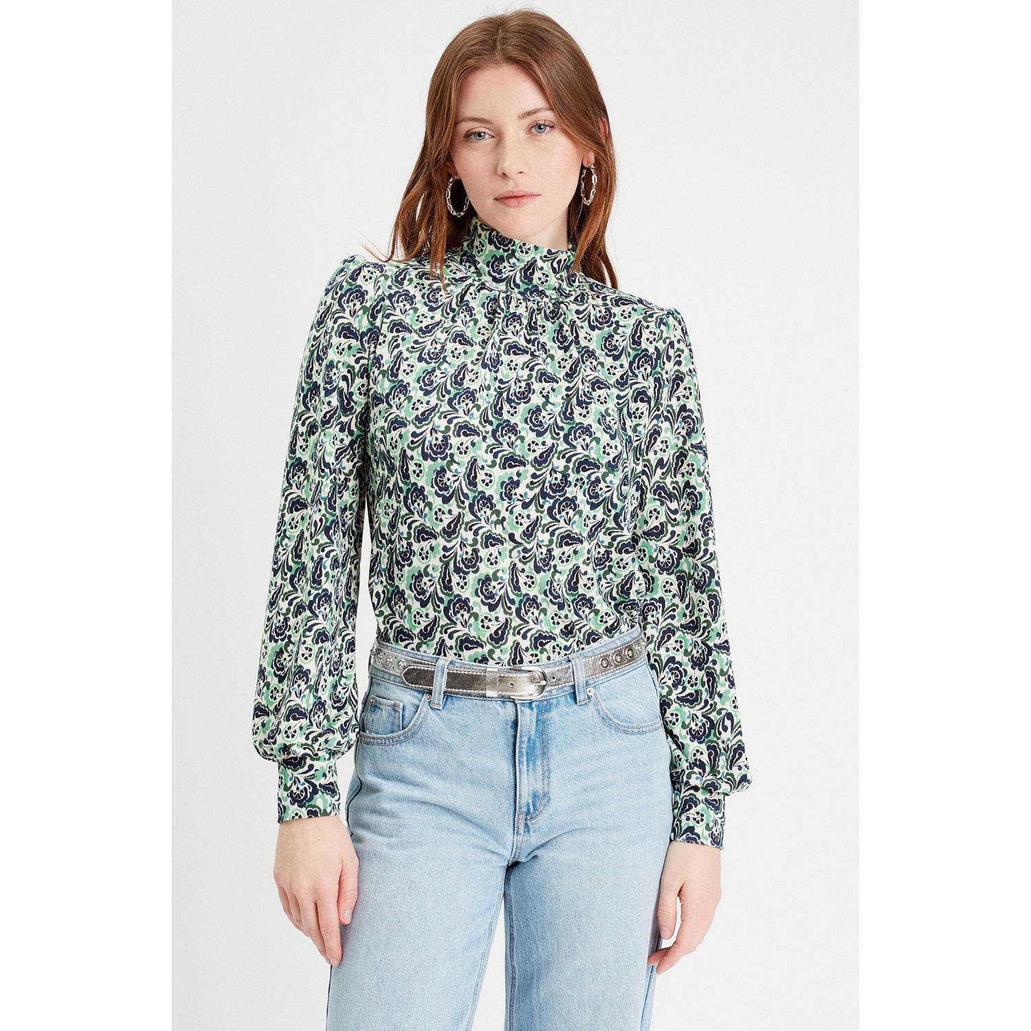Cache blousetop met all over print en open detail donkerblauw groen ecru