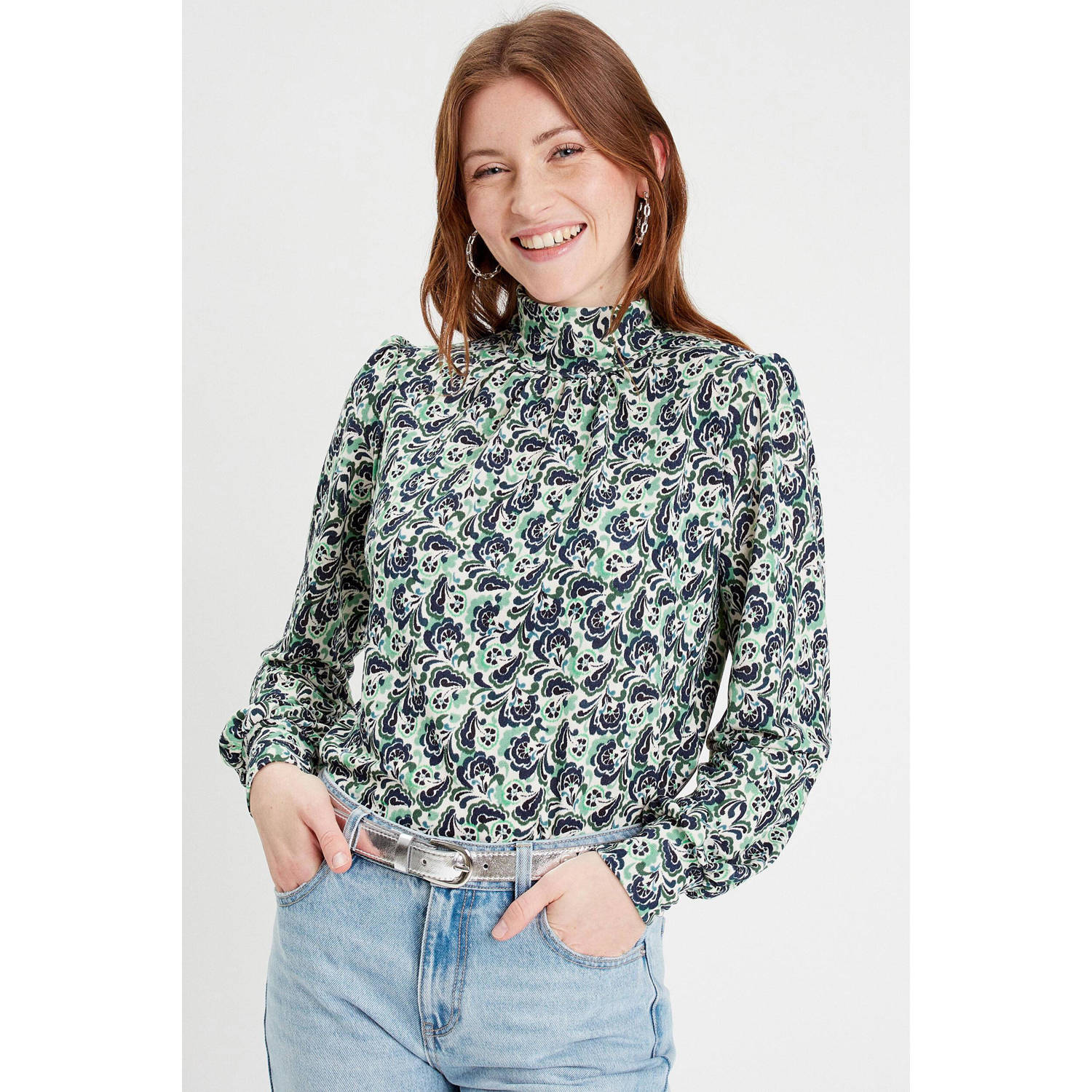 Cache blousetop met all over print en open detail donkerblauw groen ecru