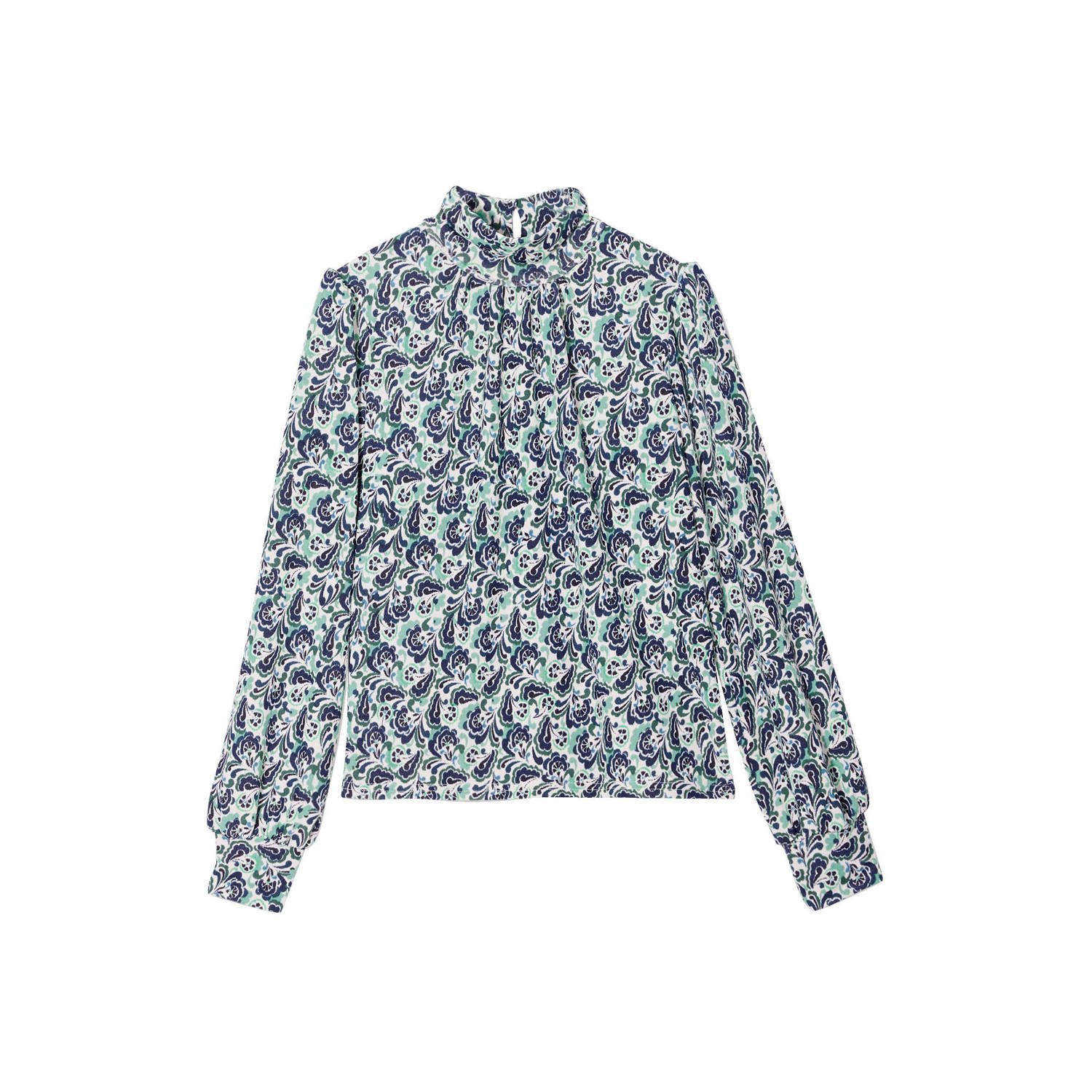 Cache blousetop met all over print en open detail donkerblauw groen ecru