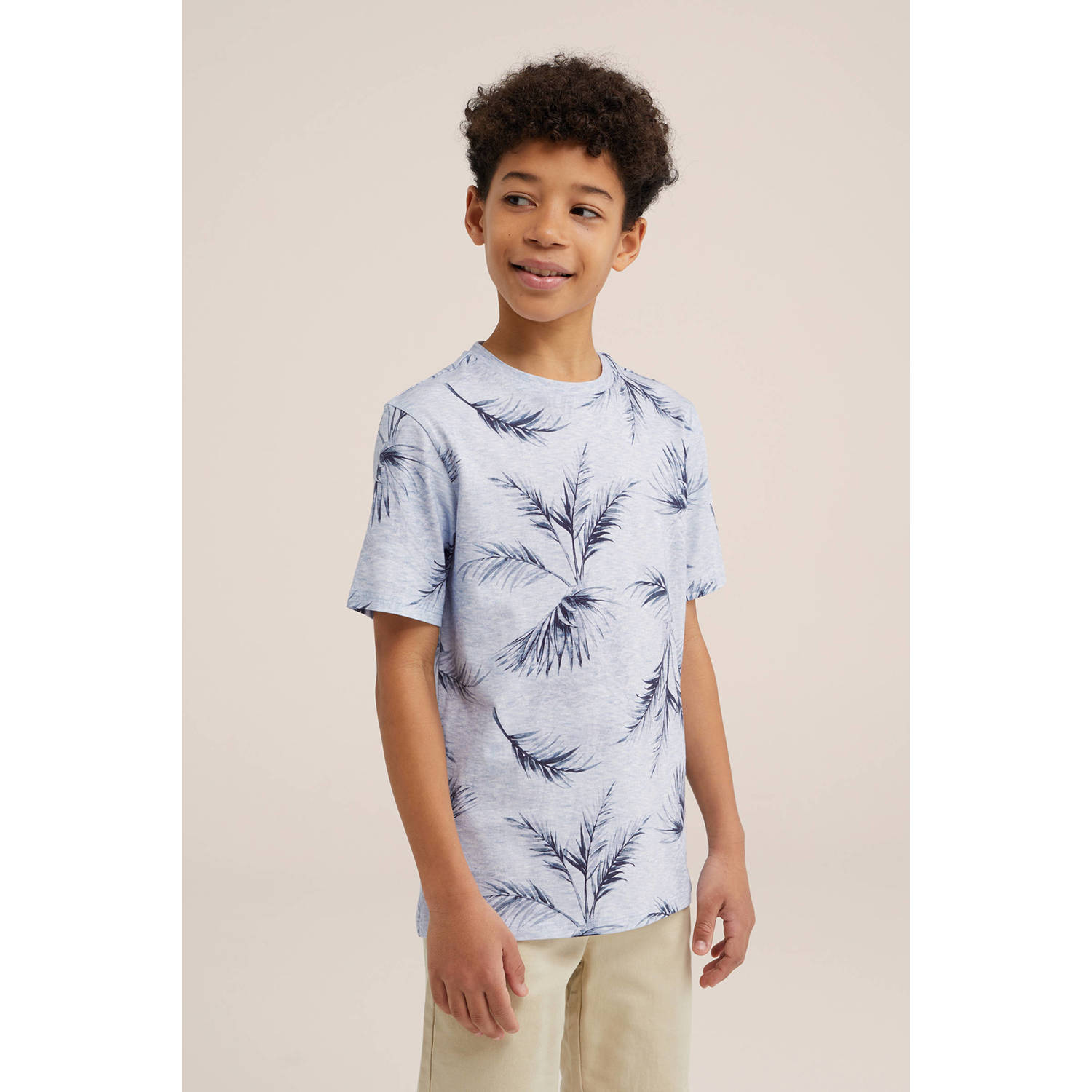 WE Fashion T-shirt met bladprint lichtgrijs blauw