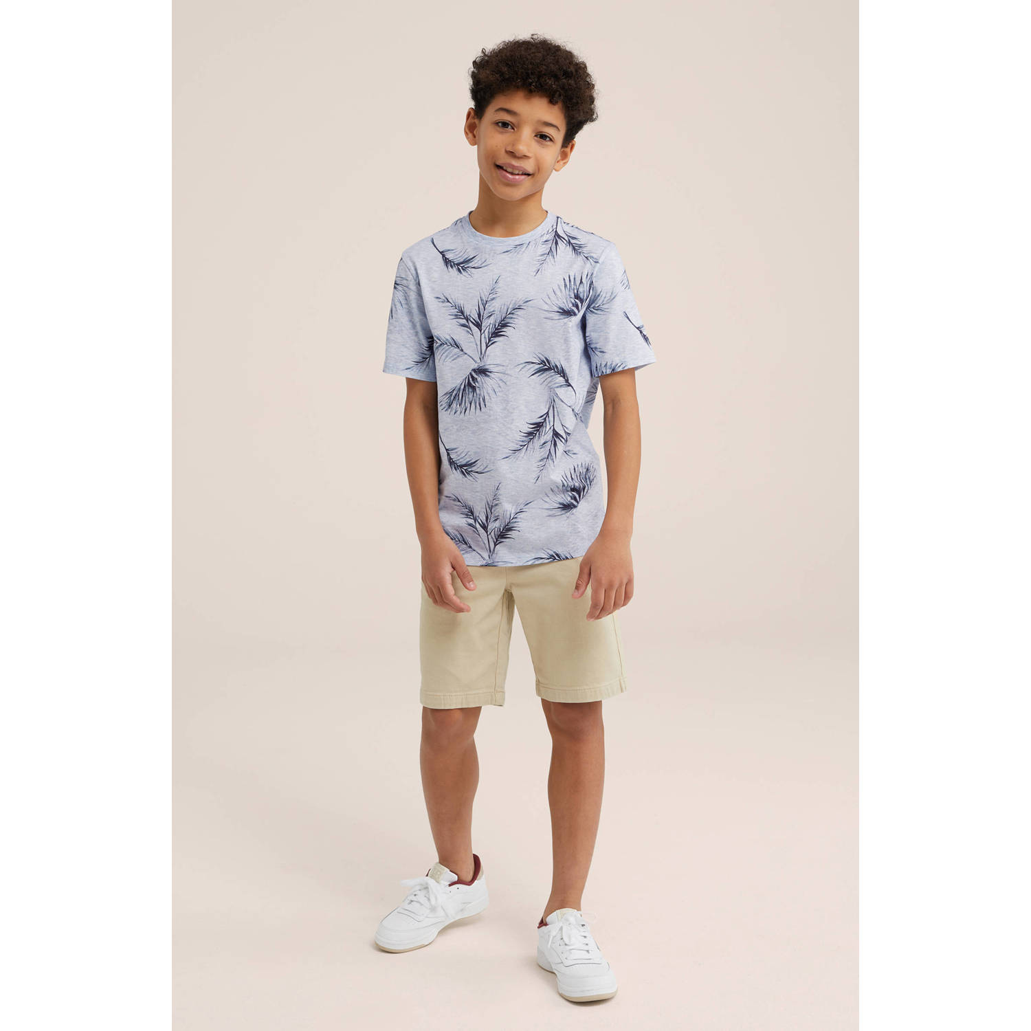 WE Fashion T-shirt met bladprint lichtgrijs blauw
