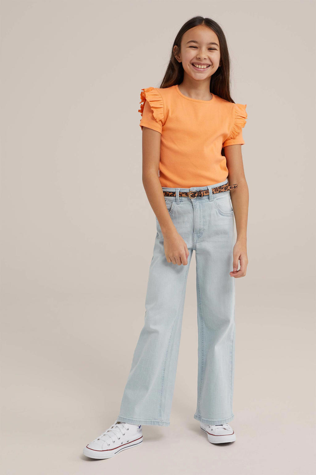 Oranje meisjes WE Fashion T-shirt van stretchkatoen met effen, korte mouwen, ronde hals en ruches