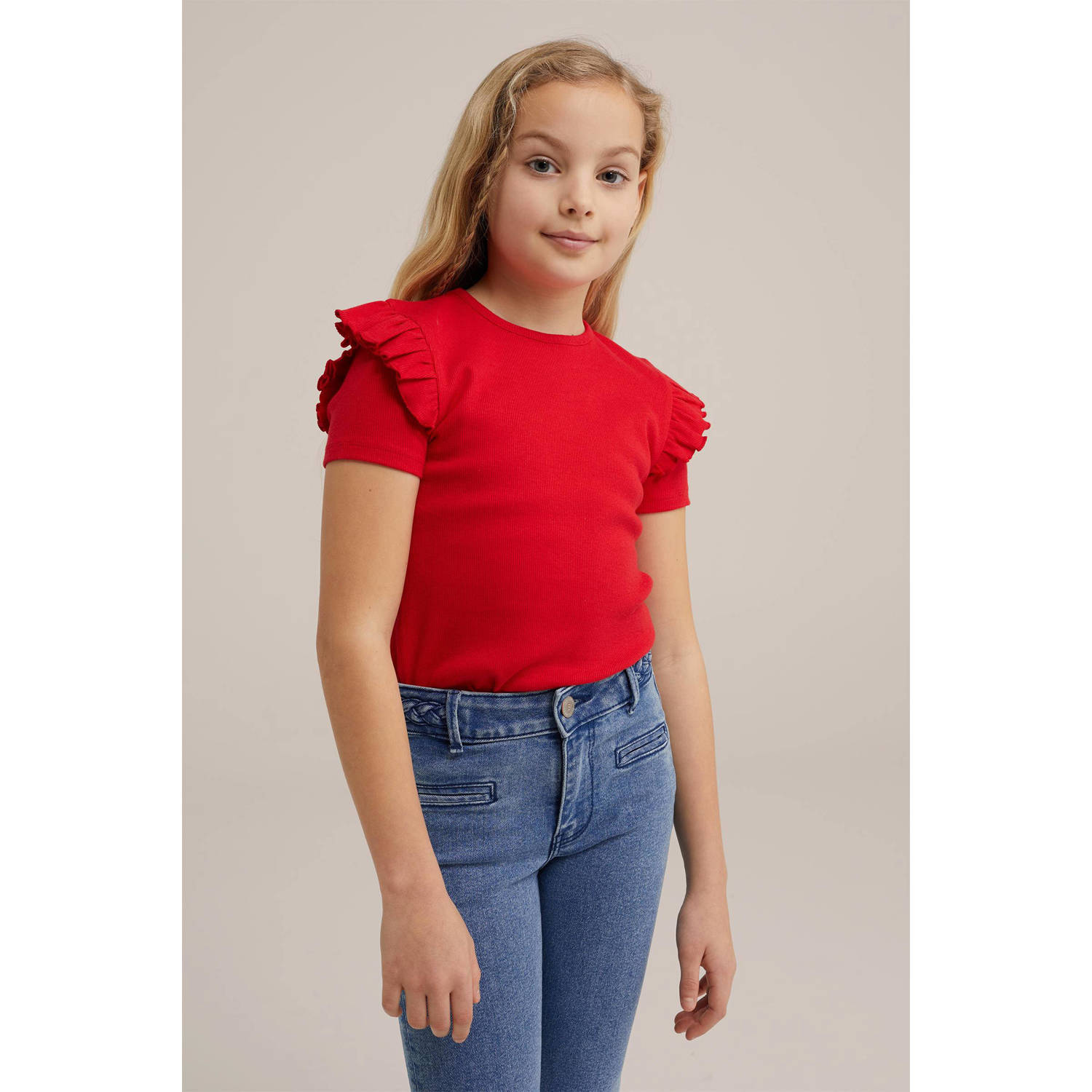 WE Fashion T-shirt rood Meisjes Stretchkatoen Ronde hals Effen 110 116