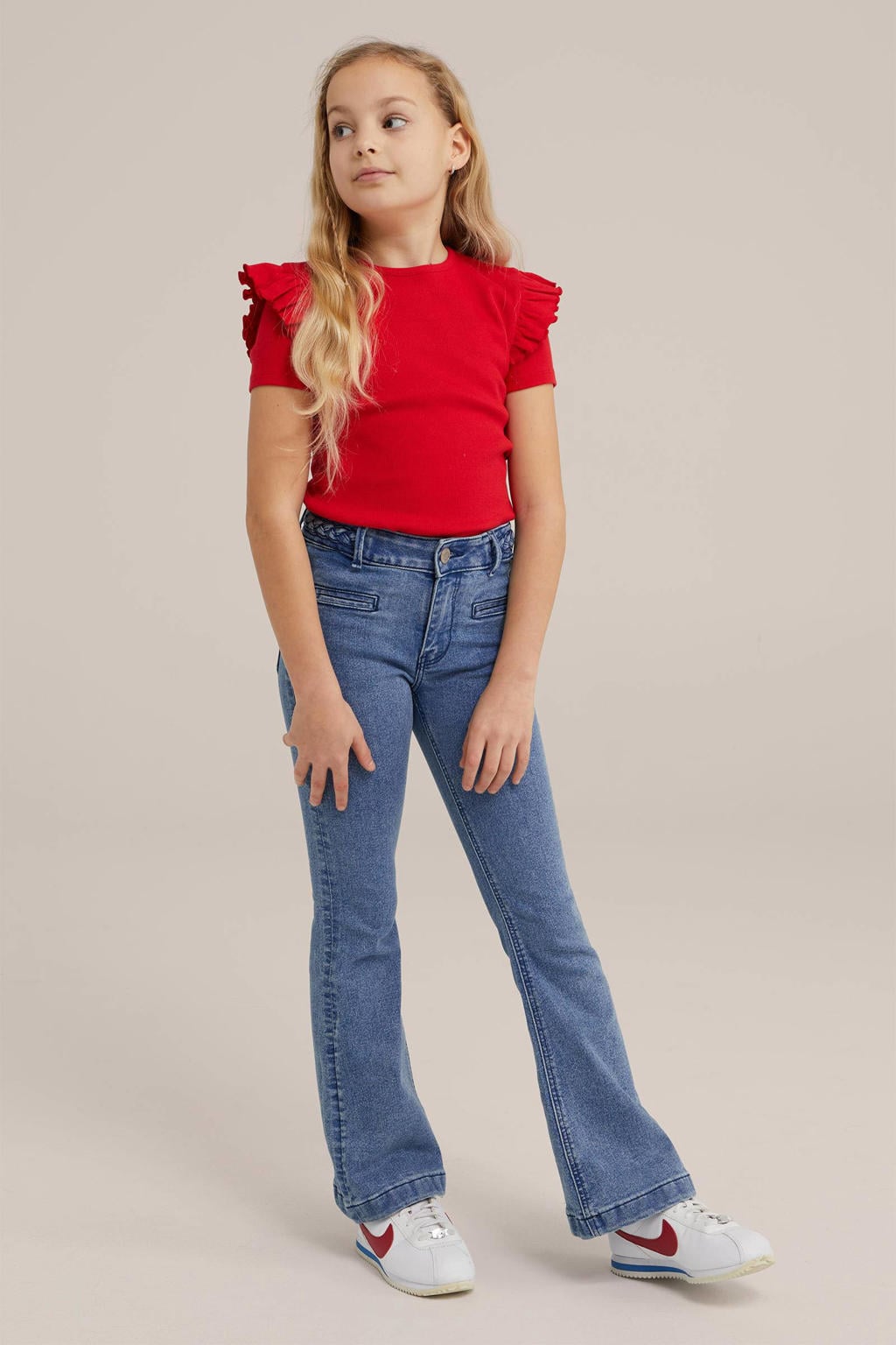 Rode meisjes WE Fashion T-shirt van stretchkatoen met effen, korte mouwen, ronde hals en ruches