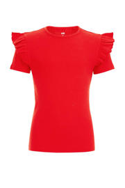 thumbnail: Rode meisjes WE Fashion T-shirt van stretchkatoen met effen, korte mouwen, ronde hals en ruches