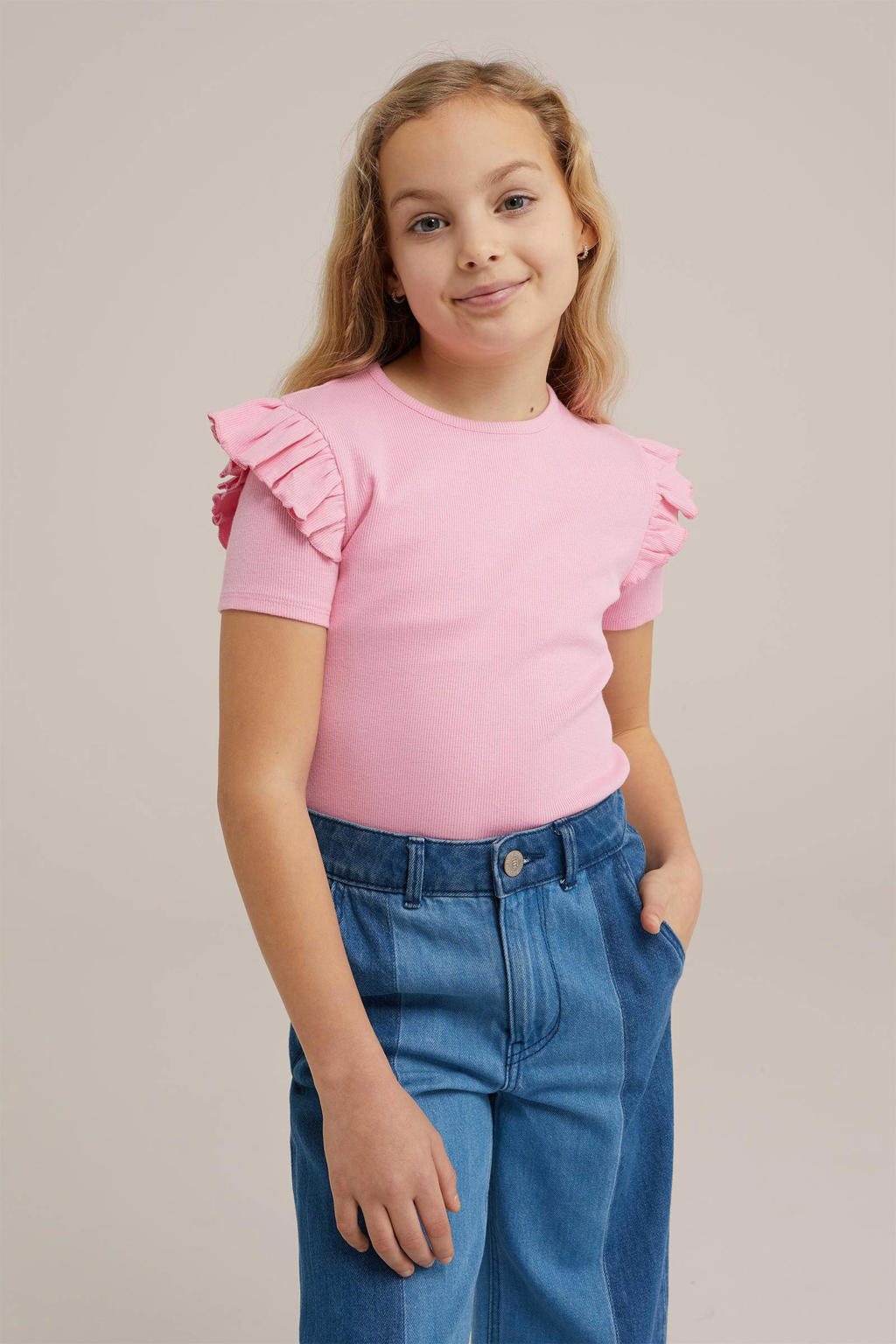 Roze meisjes WE Fashion T-shirt van stretchkatoen met effen, korte mouwen, ronde hals en ruches