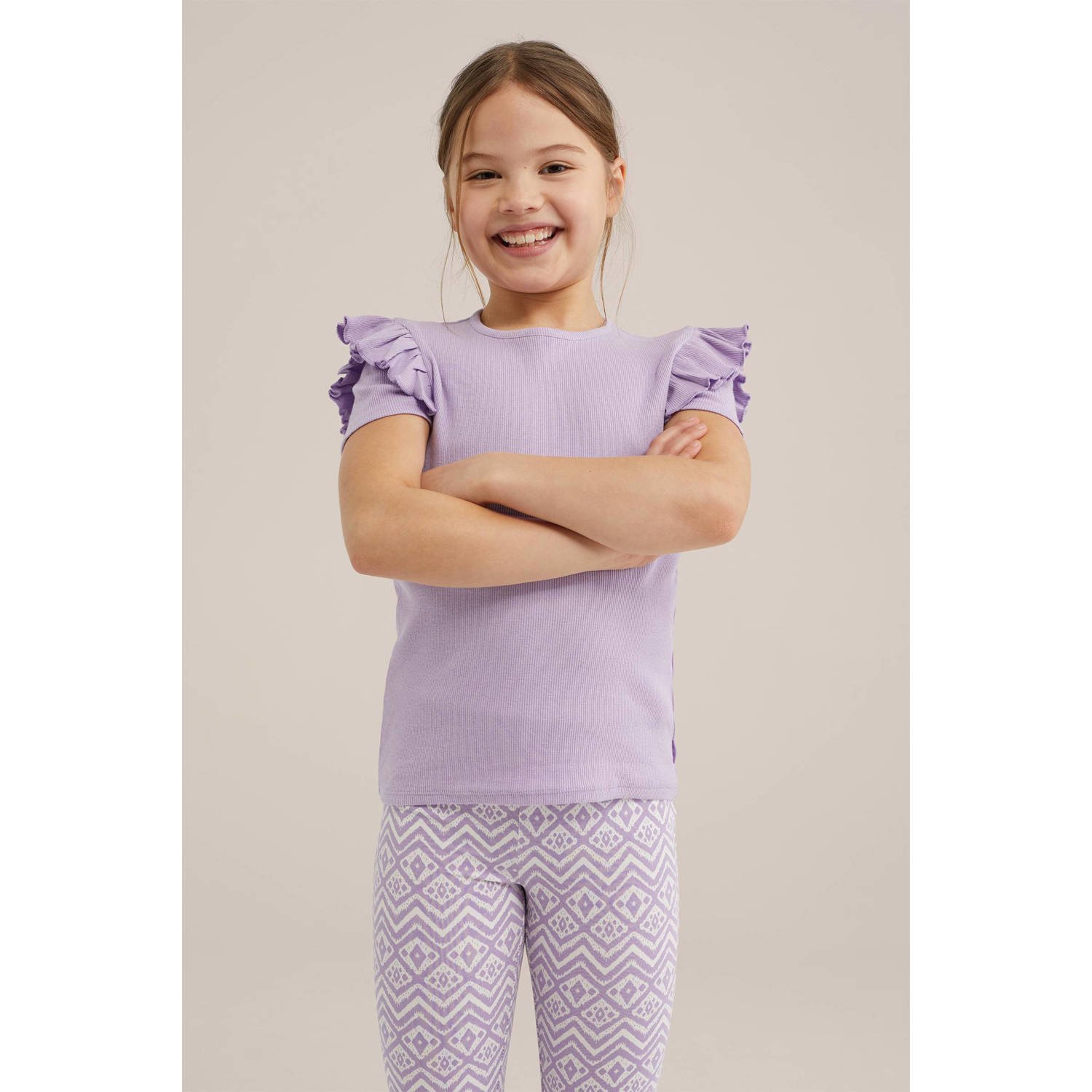 WE Fashion T-shirt paars Meisjes Stretchkatoen Ronde hals Effen 122 128